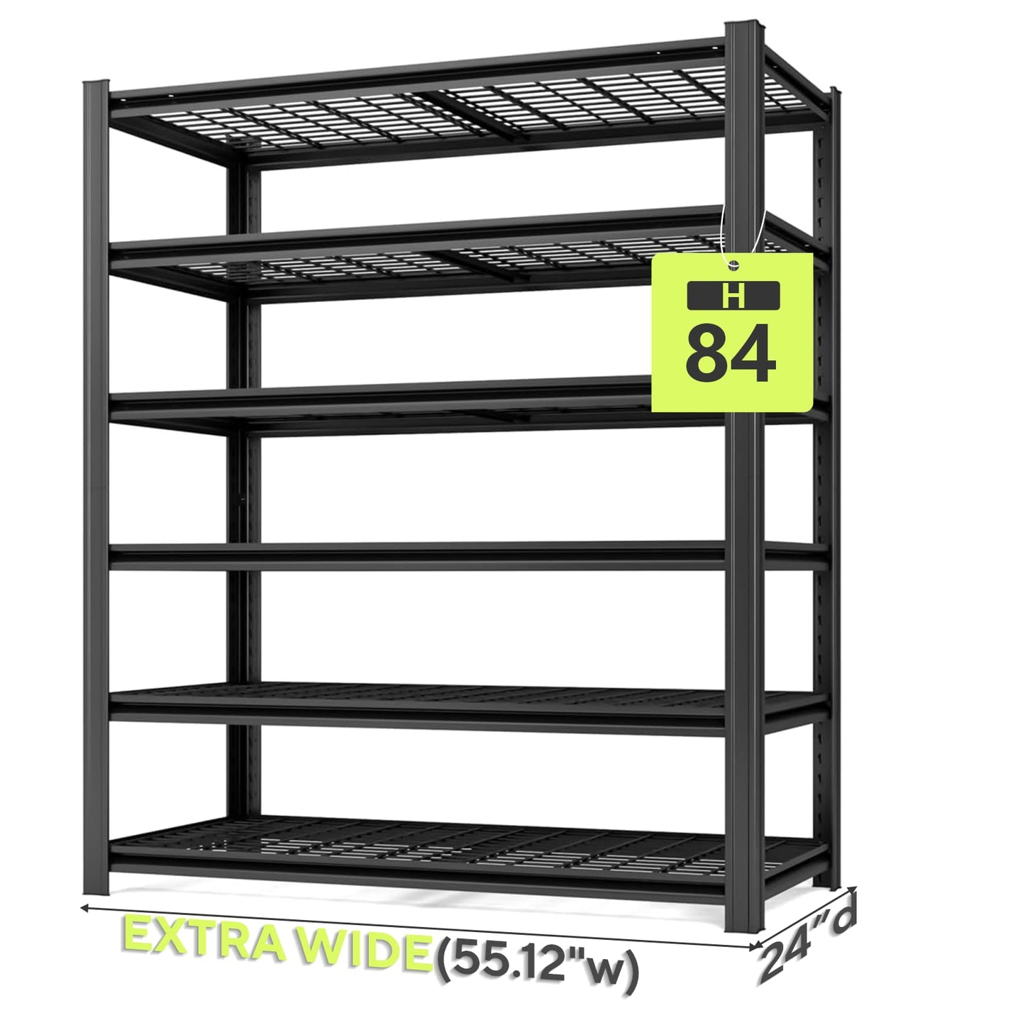 SYLOUGH Extra Large/Big 55.12"W Father&I Industrial 6-Heavy-Dudy-Shelf-Rack Utility Tall Garage/Warehouse Shelving Metal/Steel Storage Shelves Unit/System Adjustable for Bin/Shed, 84"*55.12*24", Black