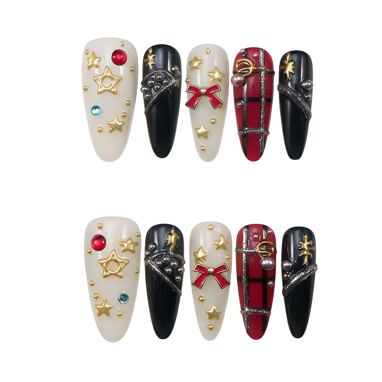WZHAOJUN Handmade Vintage Press On Nails, Black Red Plaid Fake Nails With 3d Gold Star Charms, Red Bowknot Rhinestones Pearls, Y2k Acrylic False Nails For Women Christmas Party Nail Art