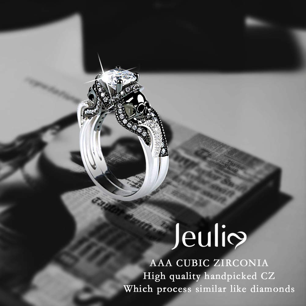 Jeulia 3.68 Carat Twist Skull Rings for Women Sterling Silver Two Tone Twist Band Rings White Diamond Bridal Ring Set Black Plated Engagement Promise Rings with Jewelry Gift Box (8)