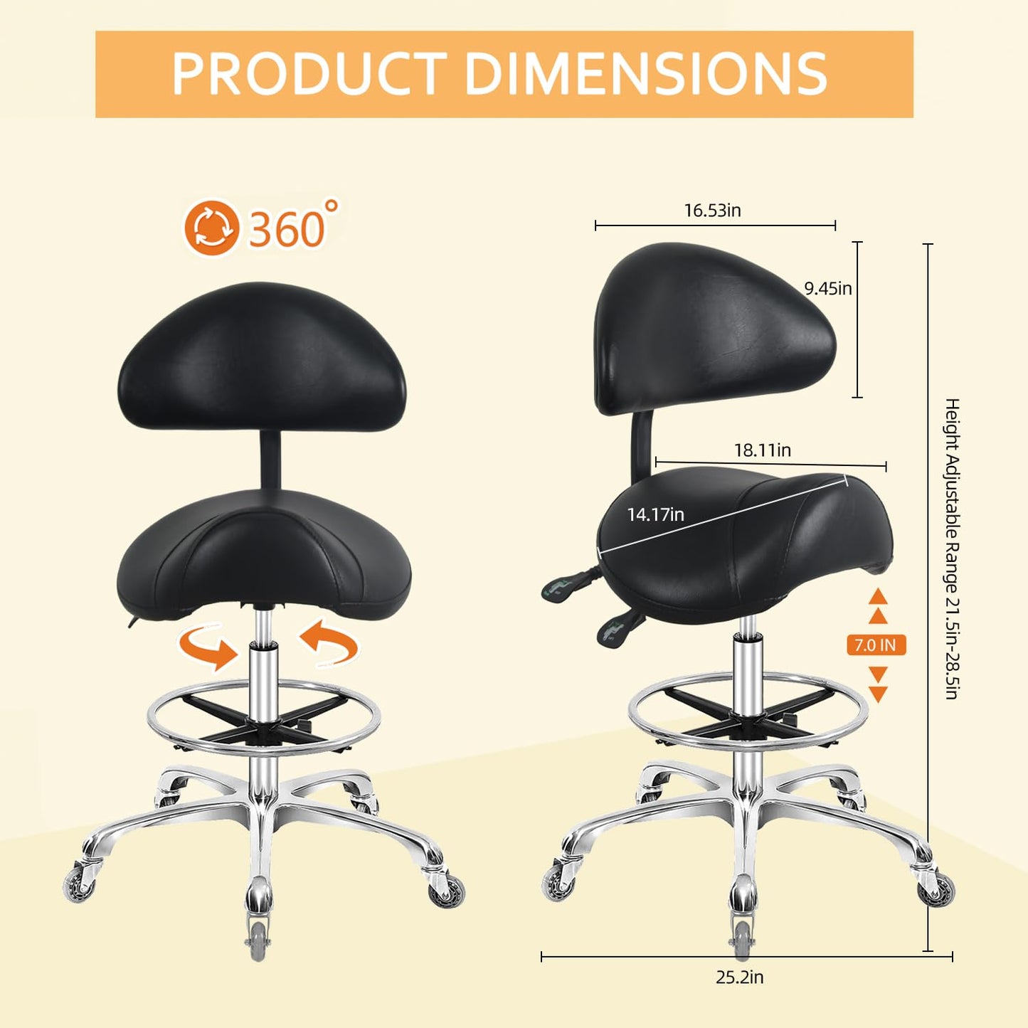 Nazalus Saddle Stool Chair with Back Support Footrest, Heavy-Duty(350LBS), Hydraulic Rolling Swivel Adjustable Stool Chair for Salon Spa Beauty Massage Dental Clinic Home Office Use(Black)