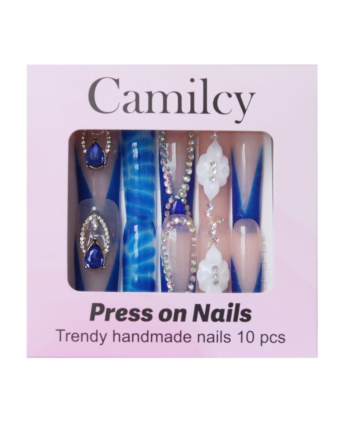 CAMILCY Luxury Handmade Coffin Press on Nails Long Length Blue Water Ripple Gem Flower Design Glossy Full Cover Acrylic Fake Nails for Women 10pcs (B22, M)