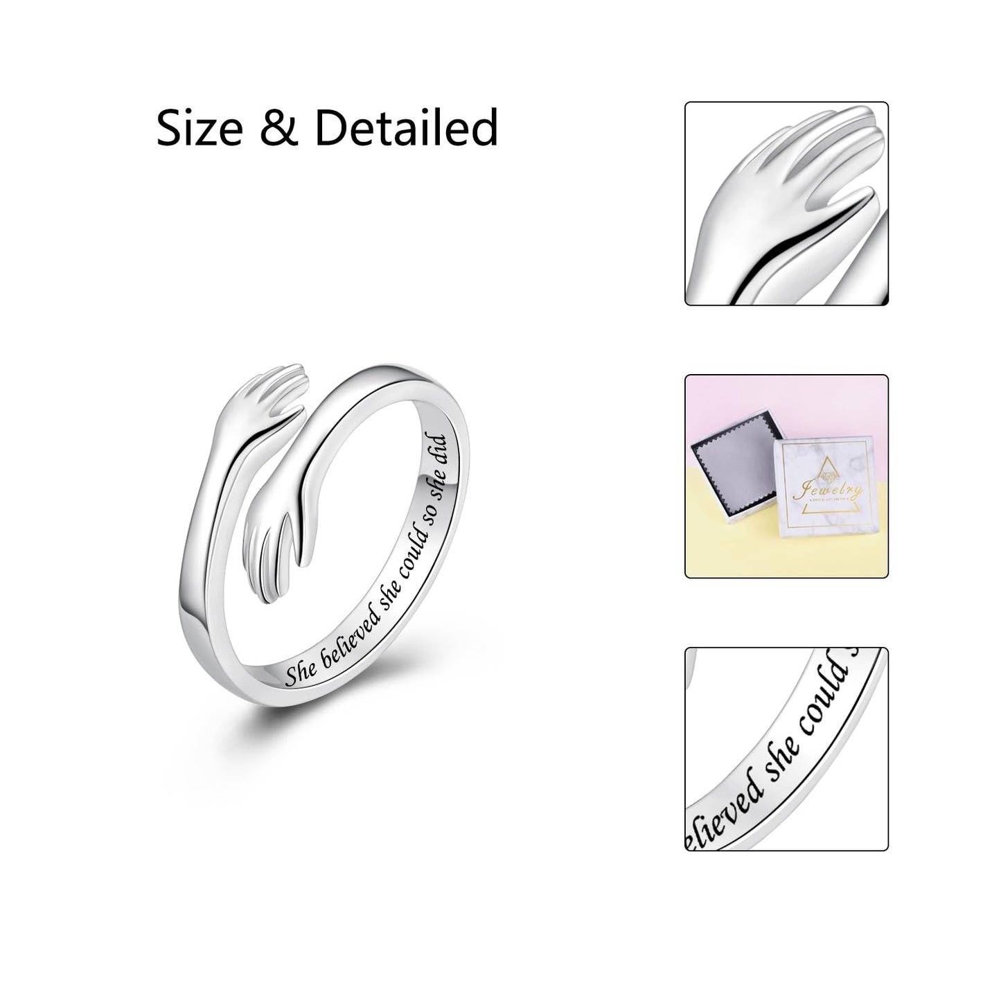 ACJFA Hug Rings for Women Sterling Silver Adjustable Ring Thumb Ring Birthday Mother Gifts Jewelry (She believed she could so she did)