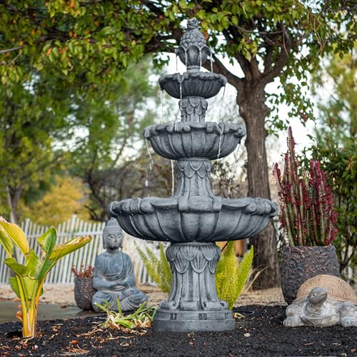 XBrand 58.3" 3-Tier Outdoor Freestanding Water Fountain - Classic Leaf Design, White Resin, Large Bird Bath with Pump - Ideal for Yard, Lawn and Garden, Porch Décor