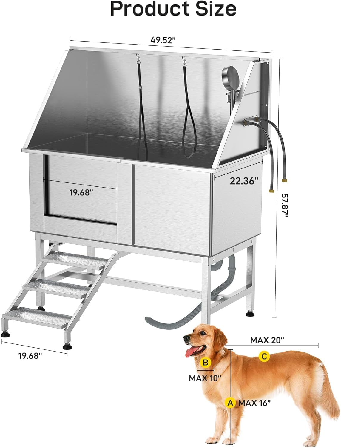 GarveeTech 50 in Pet Dog Grooming Tub with Removable Ramp, Professional Stainless Steel Dog Washing Station, for Large, Medium, Small Pets, Washing Pets for Home Right Door