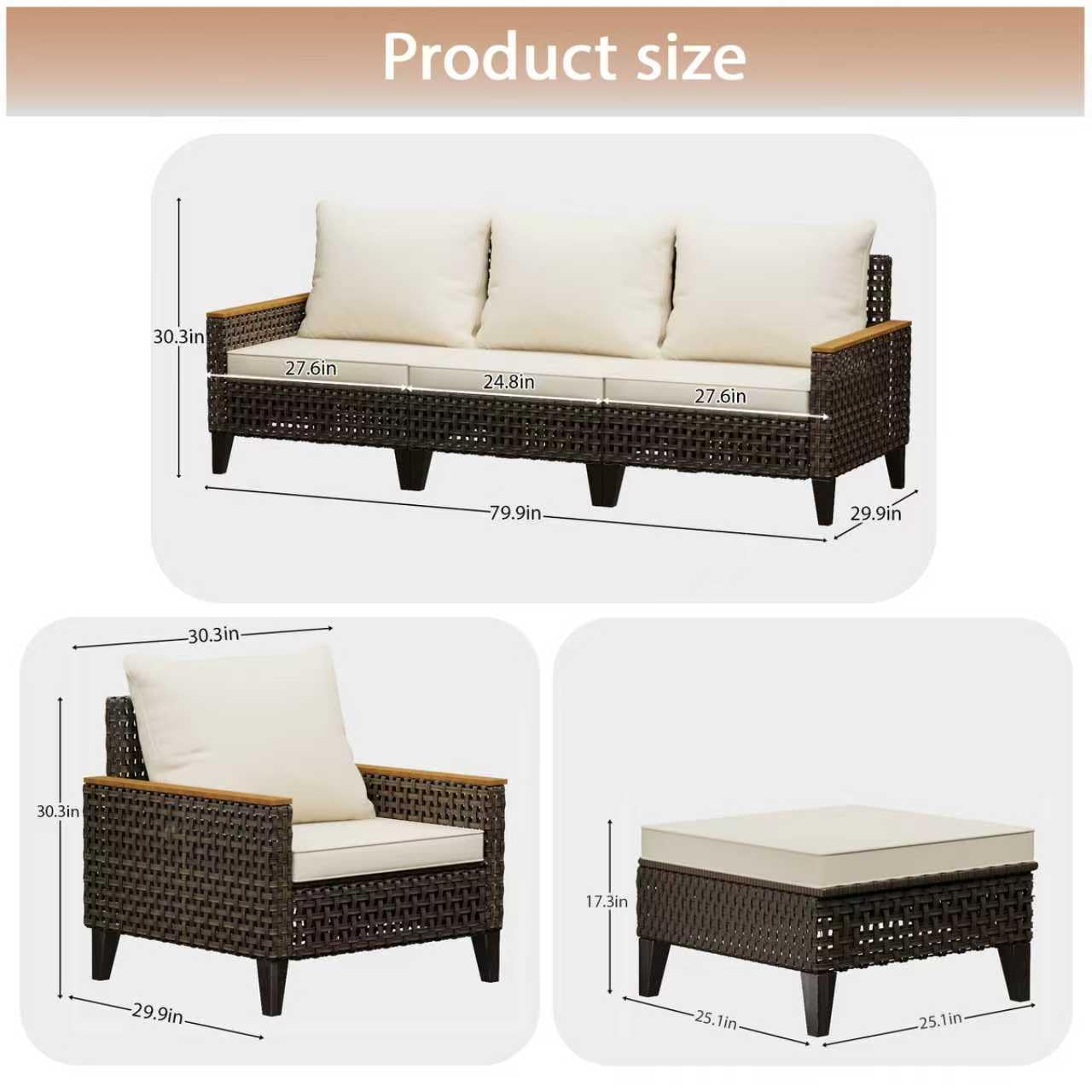 Xmkmvk 7 Piece Patio Sectional Sofa Furniture Set, All-Weather Wicker Rattan Outdoor Conversation Set with High Back and Thick Cushions, for Garden, Porch, Poolside, Beige