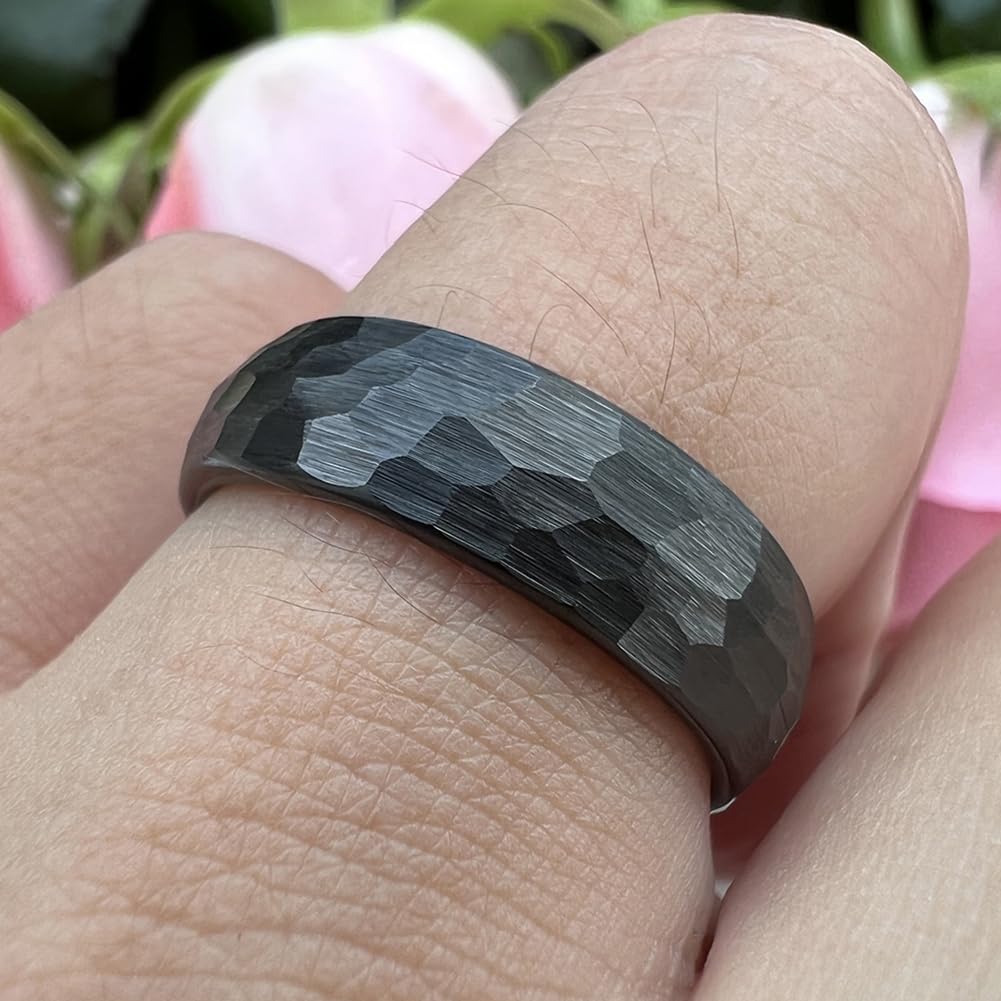 TUTISS 6mm Black Hammered Tungsten Rings for Men Women Fashion Engagement Wedding Bands Domed Matte Finish Comfort Fit Size 6