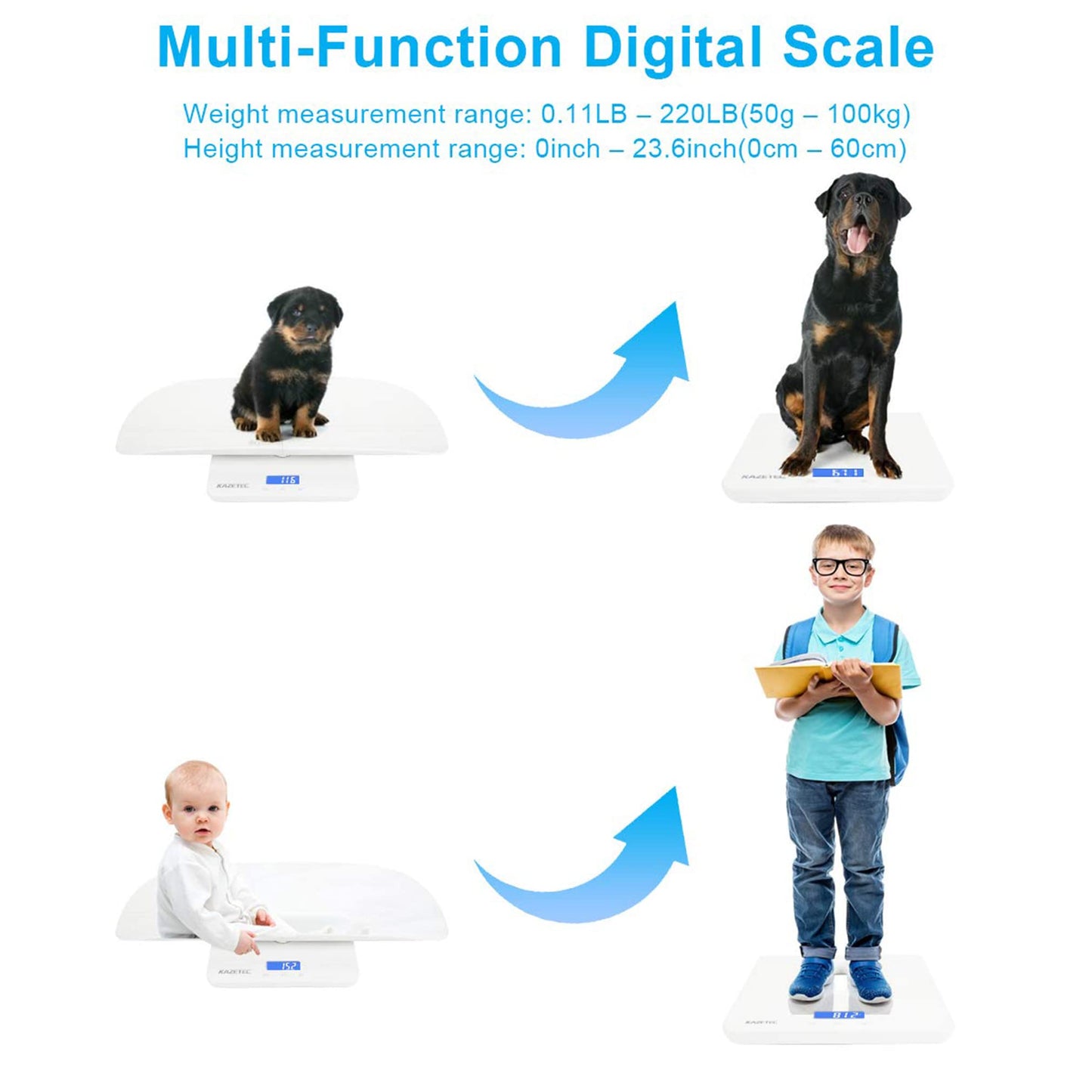 KAZETEC Baby Scale,pet Scale, Multi-Function Toddler Scale, Infant Scales for Weighing, Blue Backlight, Weight and Height Track,pet Scales for Cats