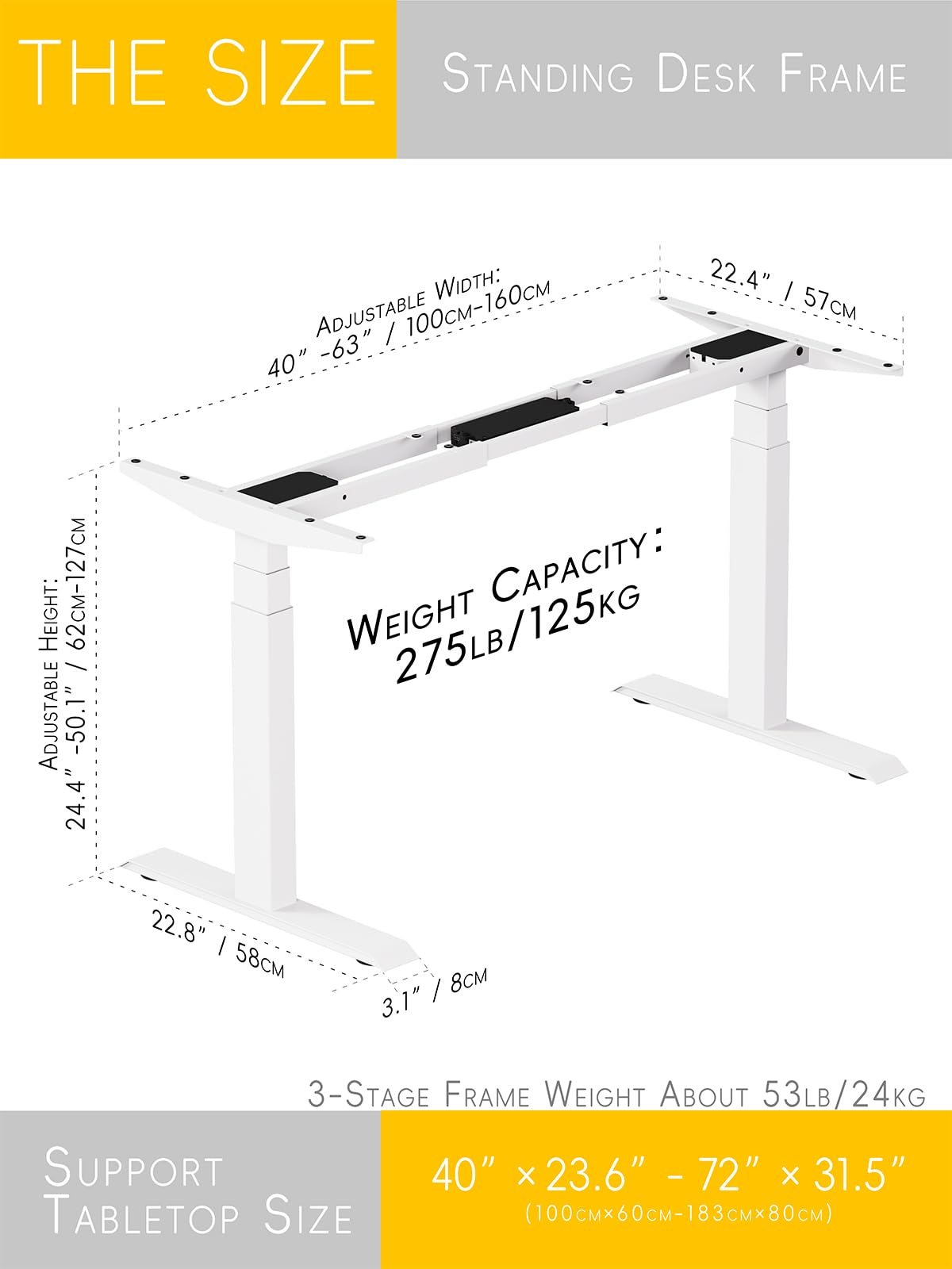 Standing Desk Frame 3 Stages with Smart Paddle Controller.Gyroscope Sensitive to collisions.Heavy Duty Adjustable Desk Frame for 40 to 72 inch Table Tops,Dual Motor,Load 275 lbs.White