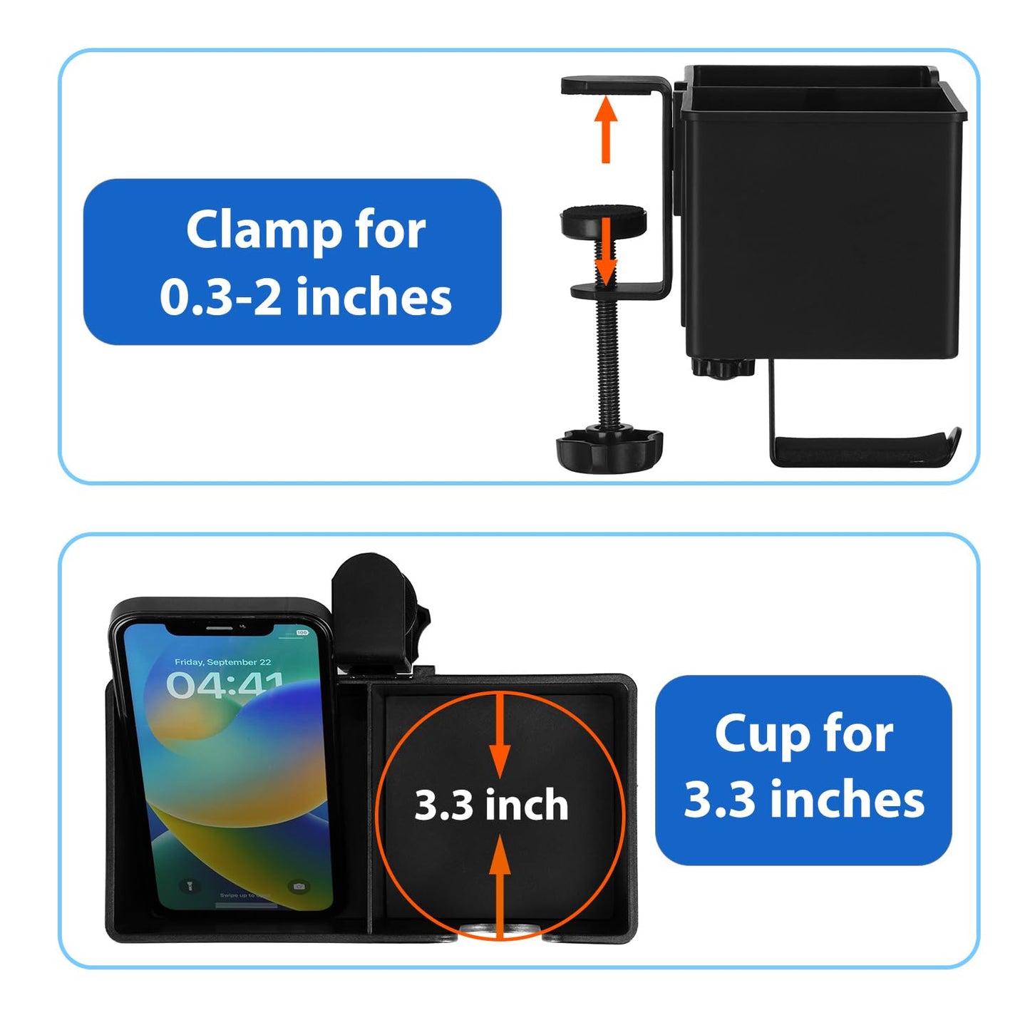 Rosyline 3-in-1 Desk Cup Holder & Clip-on Cup Holder, Clip on Desk Organizer – with Anti-Spill Function, Keeps Your Coffee, Headset, Phone & Pens Within Easy Reach, for Office Desk (Black)