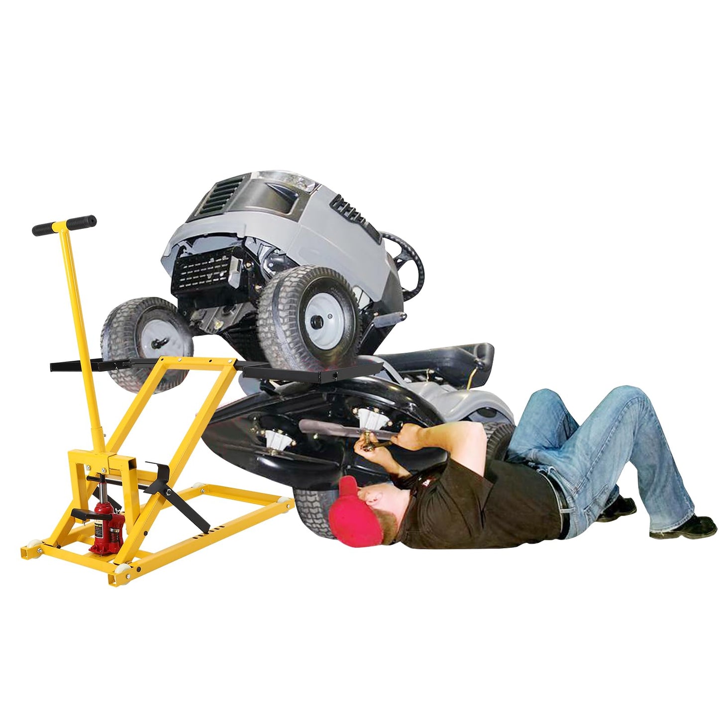 Lawn Mower Lift Jack, Hydraulic Lawn Mower Lift, 500 LBS Capacity, 26-1/2 Telescopic in Lift Riding Lawn Mower Maintenance, for Riding Tractors and Zero Turn Lawn Mowers (Yellow)
