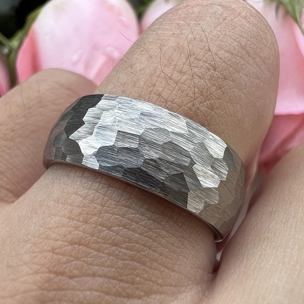 TUTISS 8mm Hammered Tungsten Rings for Men Women Fashion Engagement Wedding Bands Domed Matte Finish Comfort Fit Size 6