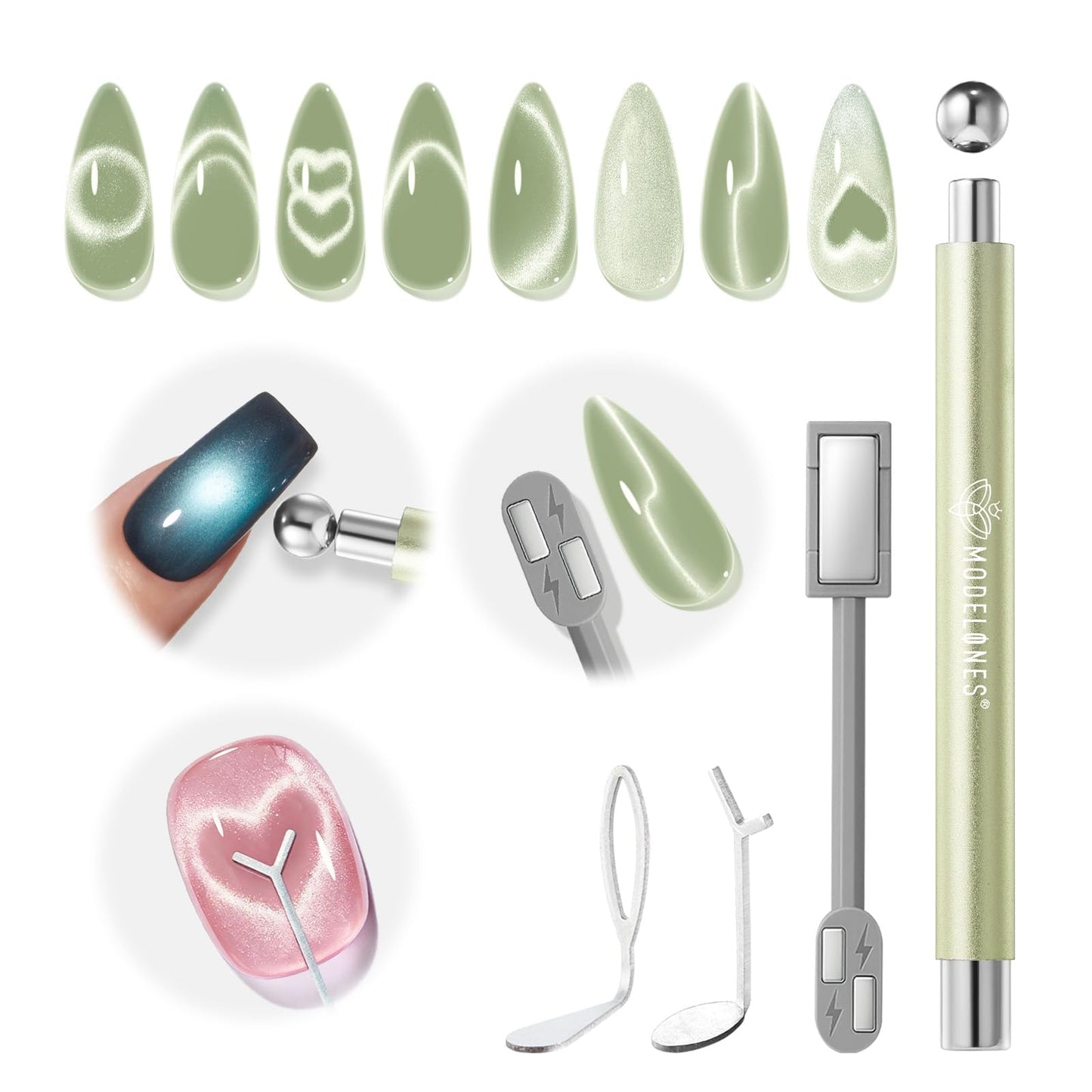 modelones Cat Eye Magnet for Nails, 3-in-1 Green Cateye Gel Polish Magnet Pen & Heart-Shaped Magnet for Nail Art & Ball &Hole &Lightning Magnet, Multi-Effect Magnets for Nail Art Lovers DIY Salon