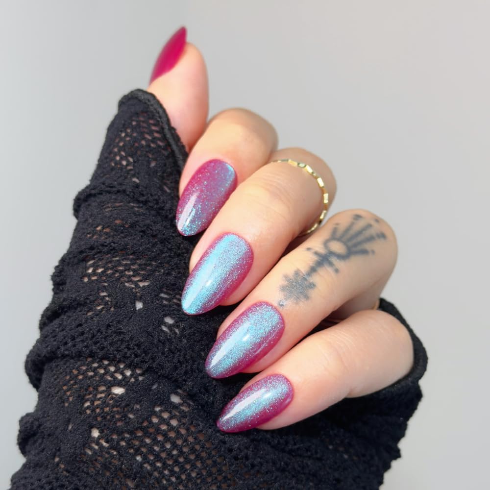 Short Almond Press On Nails | Dark Purple Cat Eye False Nails, Salon Quality Perfect for Everyday Wear& Women Girl Gift β Reusable Stick On Fake Nails| 15 Sizes - 30 Nail Kit with Glue and Sticky Tabs