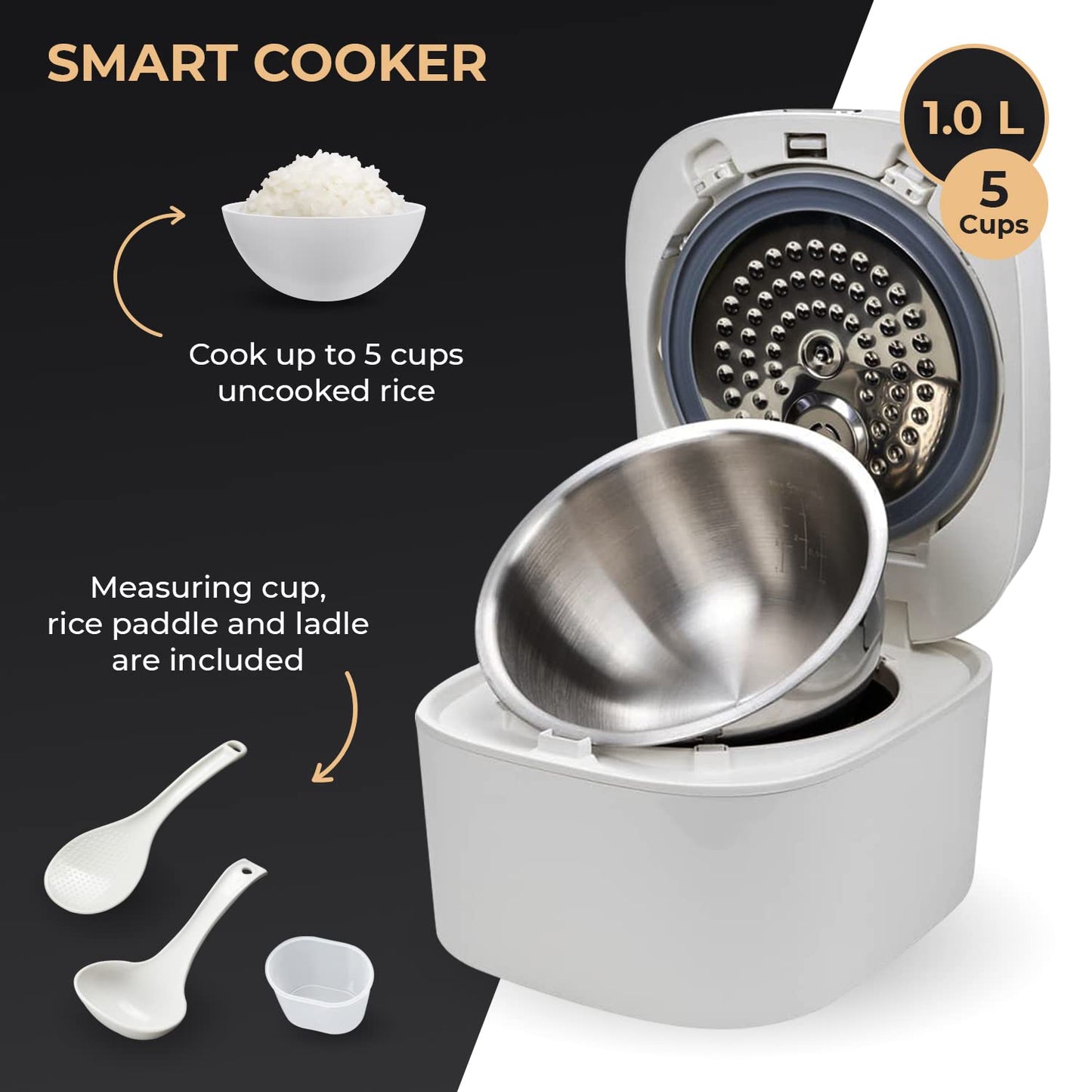Buffalo SMART COOKER Induction Heating IH Rice Cooker and Warmer, 1 L, 5 cups of rice, Non-Coating inner pot, Efficient, Multiple function, White (5 cups)