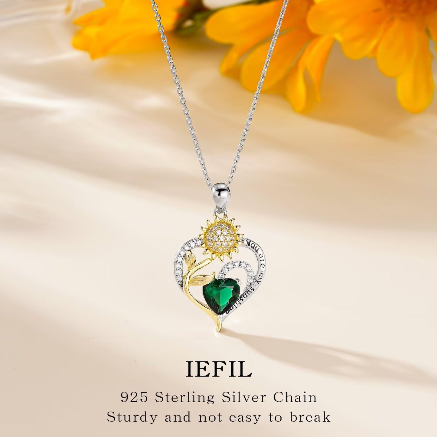 Iefil Sunflower Gifts for Women - Sunflower Necklace Gifts for Wife May Simulated Emerald Necklace Anniversary Mothers Day Jewelry Gift