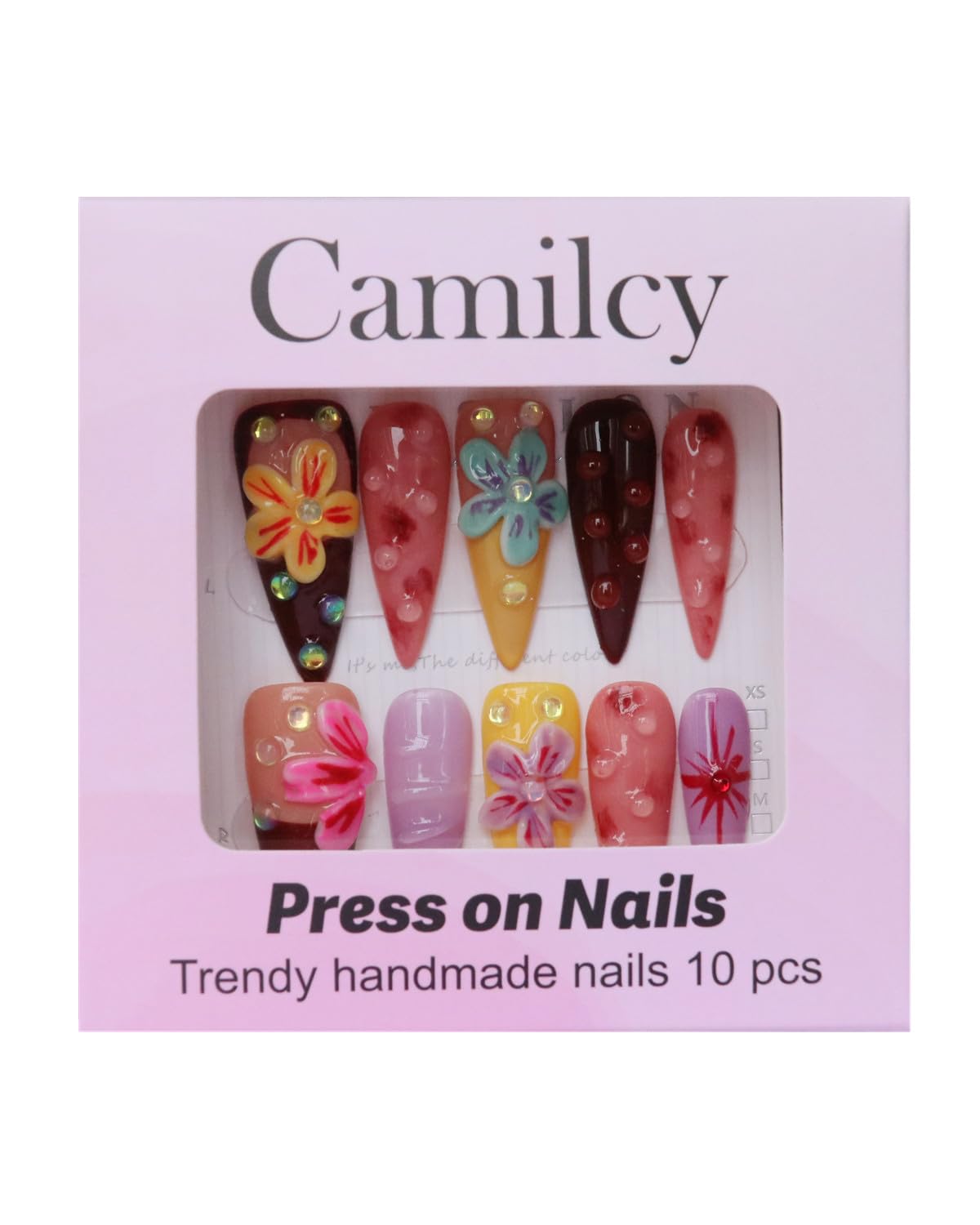 CAMILCY Luxury Handmade Press on Nails Long Almond Tip Stiletto Glossy 3D Flower Salon Hand painted Fake Nails Chocolate Pink Purple Reusable Nails Full Cover Acrylic Nails for Women 10psc (B08, S)