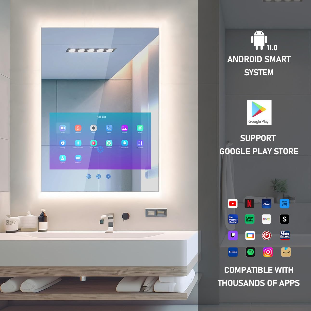 Leotachi 32"x24" Smart Waterproof Anti-Fog Vanity Mirror with Built-in 21.5" Touch Display, Android OS, Adjustable 3-Color LED, Bluetooth/WiFi/HDMI, Streaming Apps for Bathroom & Bedroom