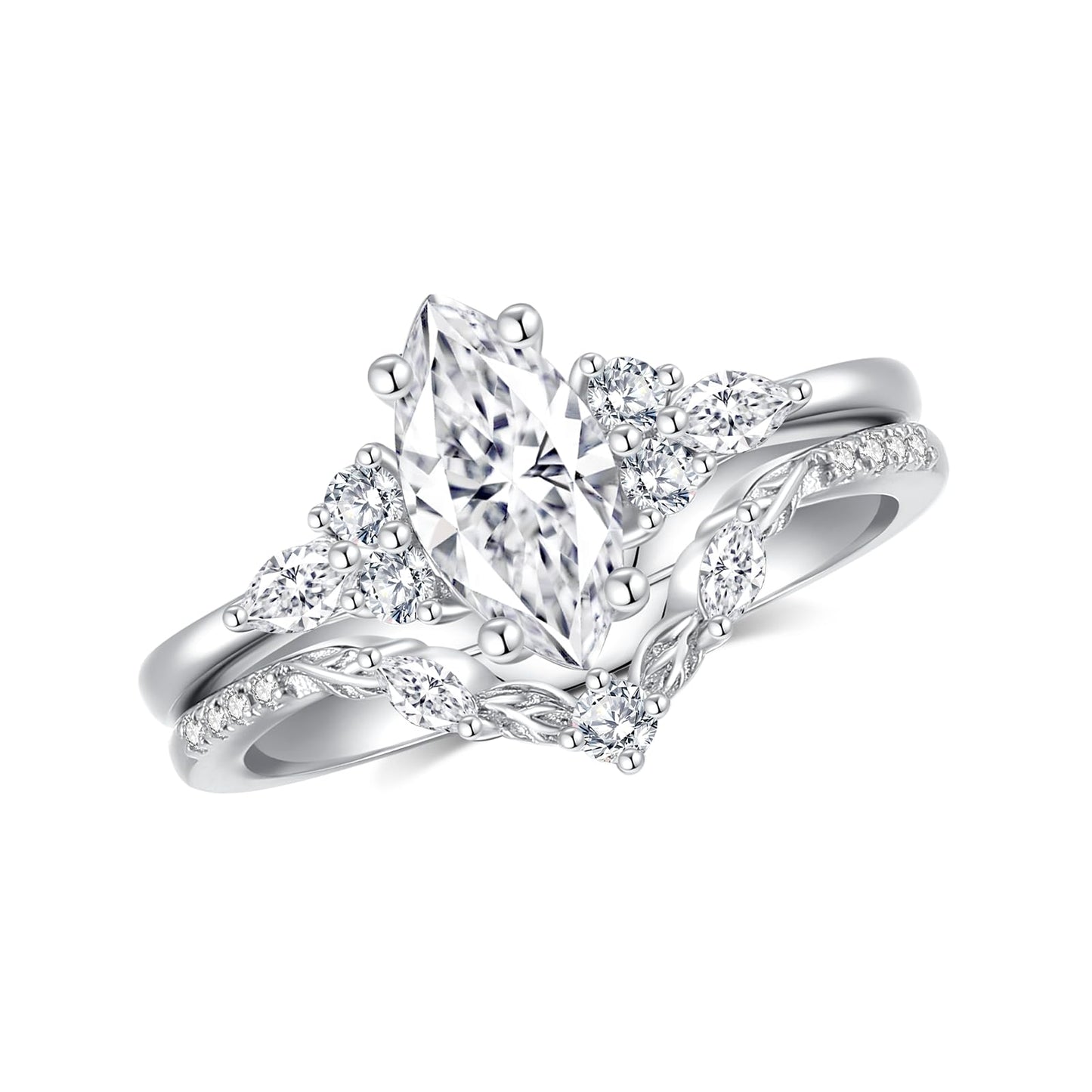 Jaransheti Marquise Cut Moissanite Engagement Ring Set For Women 18 K White Glod Plated S925 Sterling Silver Moissanite Wedding Band and Ring Set Vintage Ring Jewelry Gift(S9)