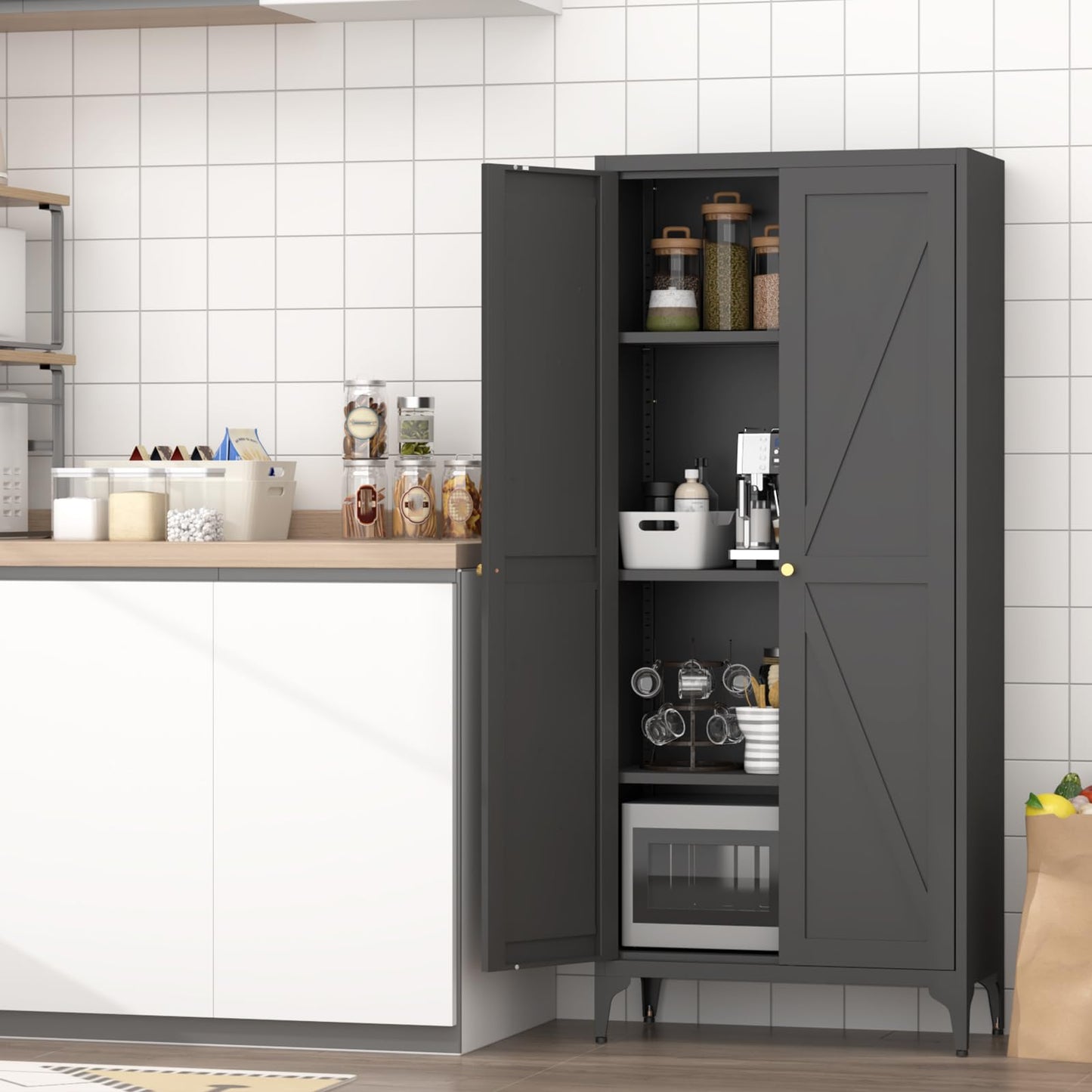 FATIGOS 65" H Kitchen Pantry Storage Cabinet, Black Metal Storage Cabinets with 2 Doors and Adjustable Shelves, Kitchen Storage Cabinet, Cupboard for Dining Room, Living Room and Bathroom