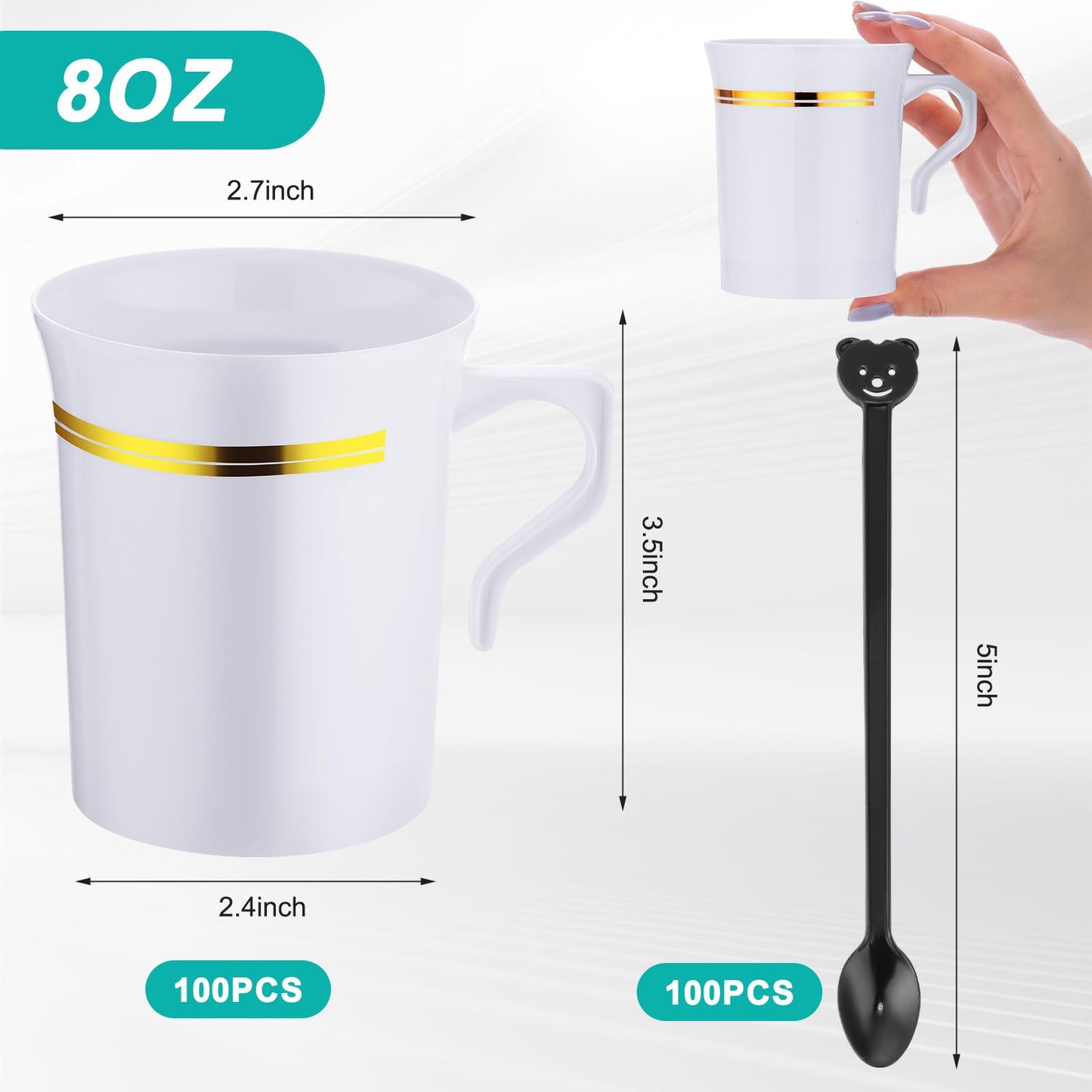 Bokon 200 Pcs Plastic Tea Cups Bulk with Handle and Spoon, 8 oz Reusable Teacups with Gold Rim, White Coffee Mugs for Bridal Shower, Wedding, Princess Tea Party Supplies (Gold Rim)