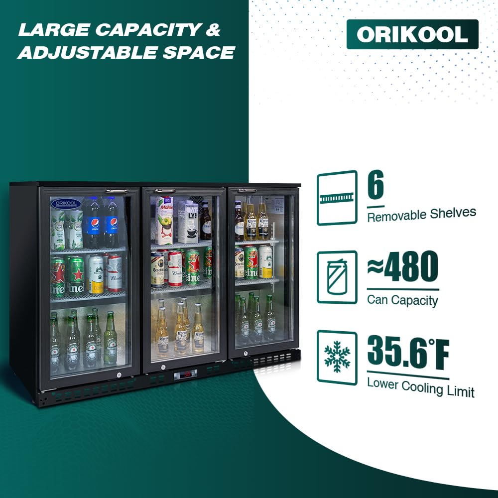 ORIKOOL Back Bar Cooler - 480 Can Capacity Beverage Refrigerators, 3 Hinged Glass Doors, LED Lighting, Adjustable Shelves, Safety Door Lock, Perfect for Bars, Restaurants & Home