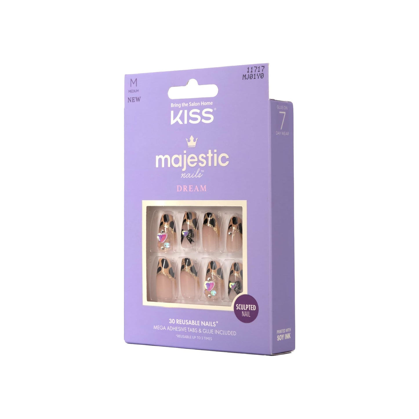 KISS Majestic, 30 Pcs Press On Nails, Medium Coffin Fake Nails, Animal Print Glitter French Tip with Bows, Reusable Stick On Extensions Full Cover Kit with Glue, Adhesive Tabs, Manicure Stick & File
