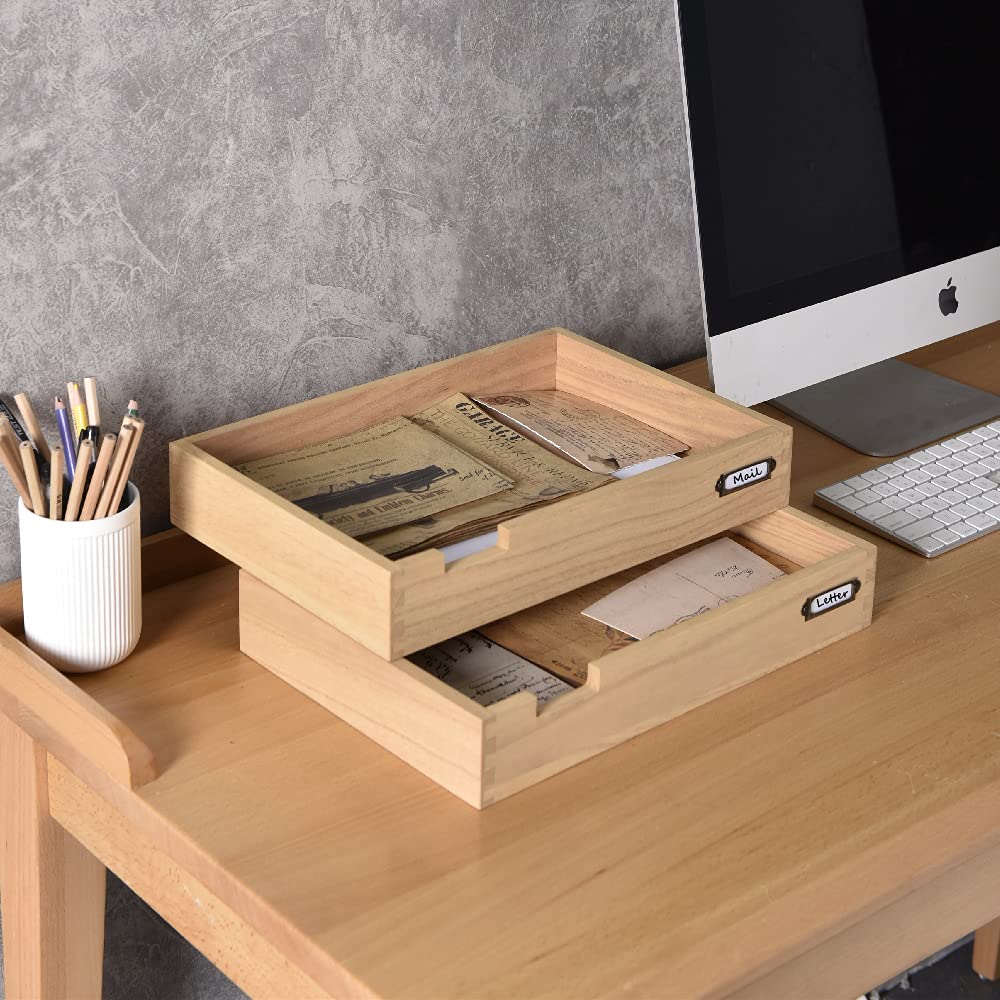 KIRIGEN Wood Desk Organizer Set of 2 Stackable Paper Tray Desktop Document Storage Wooden Letter Trays 2TTP-NA