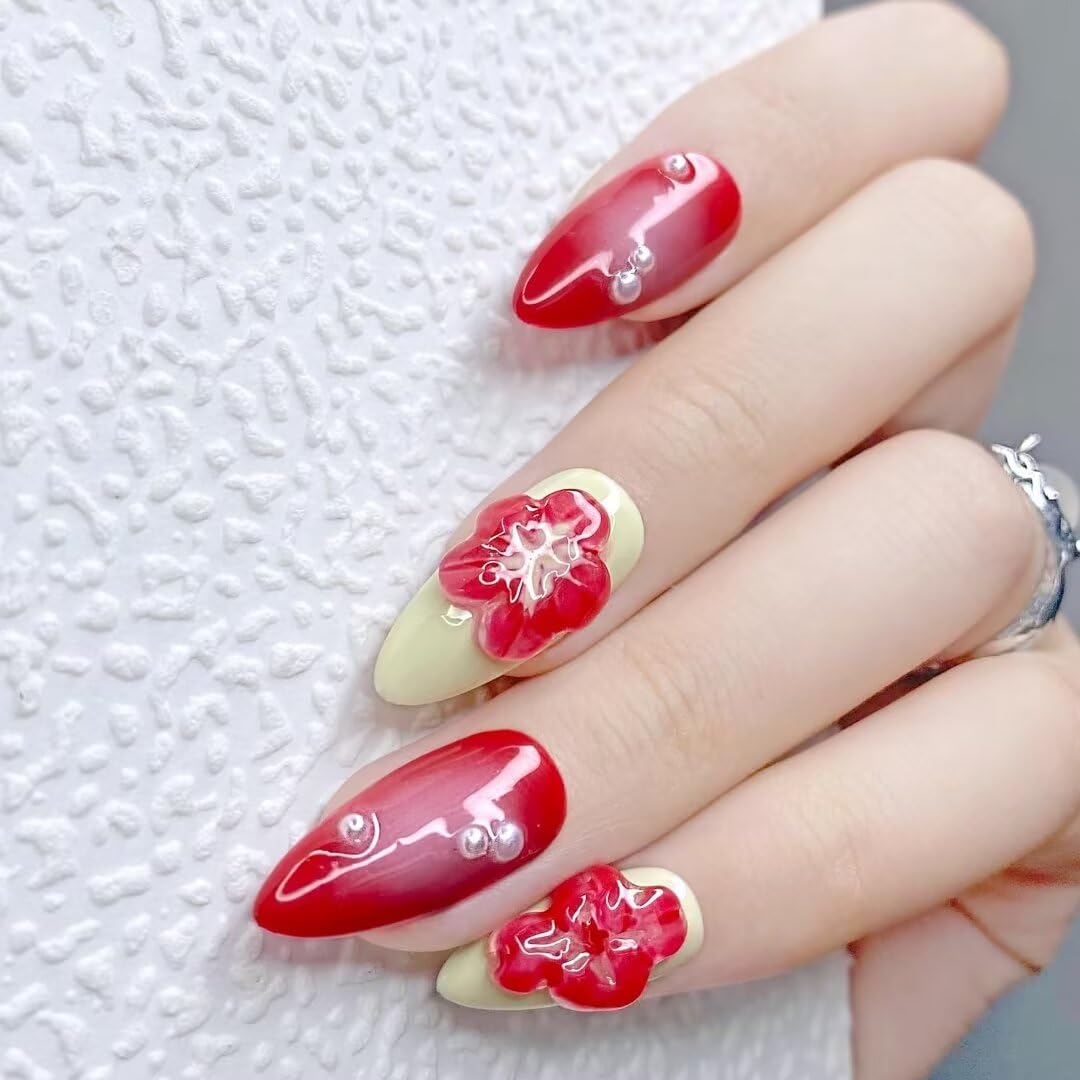 10PCS Handmade Nails Press On Nails Almond 3d fake nails short False Nails Women's Nails Kit acrylic cherry hand painted heart nails short,Small size