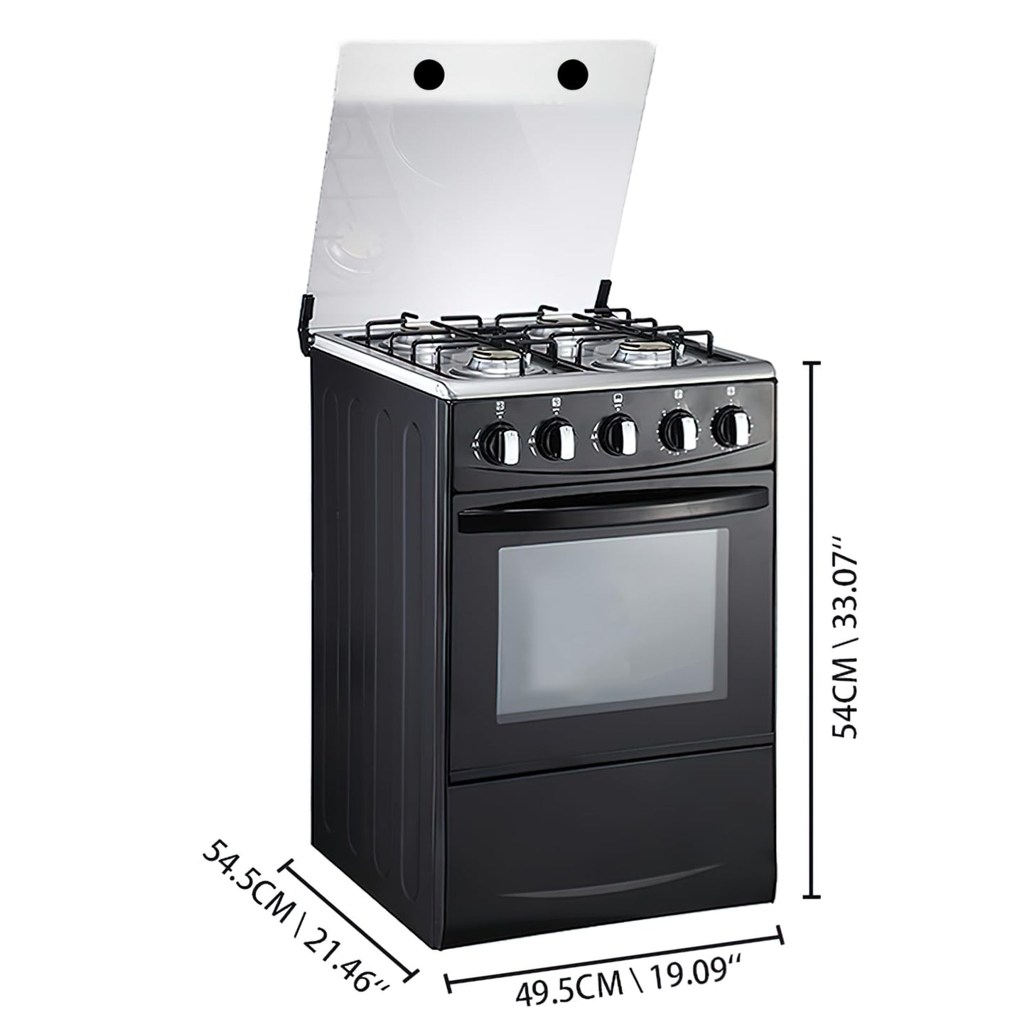 20" LPG Gas Stove - Equipped with 4 coil burners and Stainless Steel 50L Oven (Black: Automatic ignition)