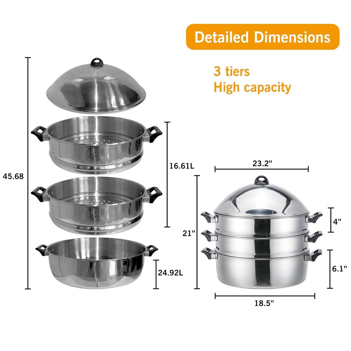 LetFeng Steamer Pot for Cooking 19 inch Steam Pots with Lid 3-Tier Multipurpose Stainless Steel Steaming Pot Cookware with Handle for Vegetable, Dumpling, Stock, Sauce, Food
