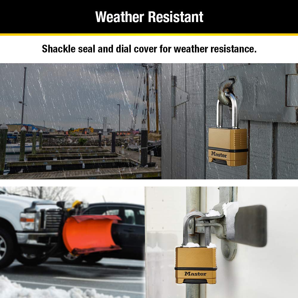 Master Lock Gold Combination Lock, Heavy Duty Weather Resistant Padlock, Resettable Combination Lock for Outdoor Use 1.2 x 2 x 3.87 inches, 2 Pack, M175LFEC2