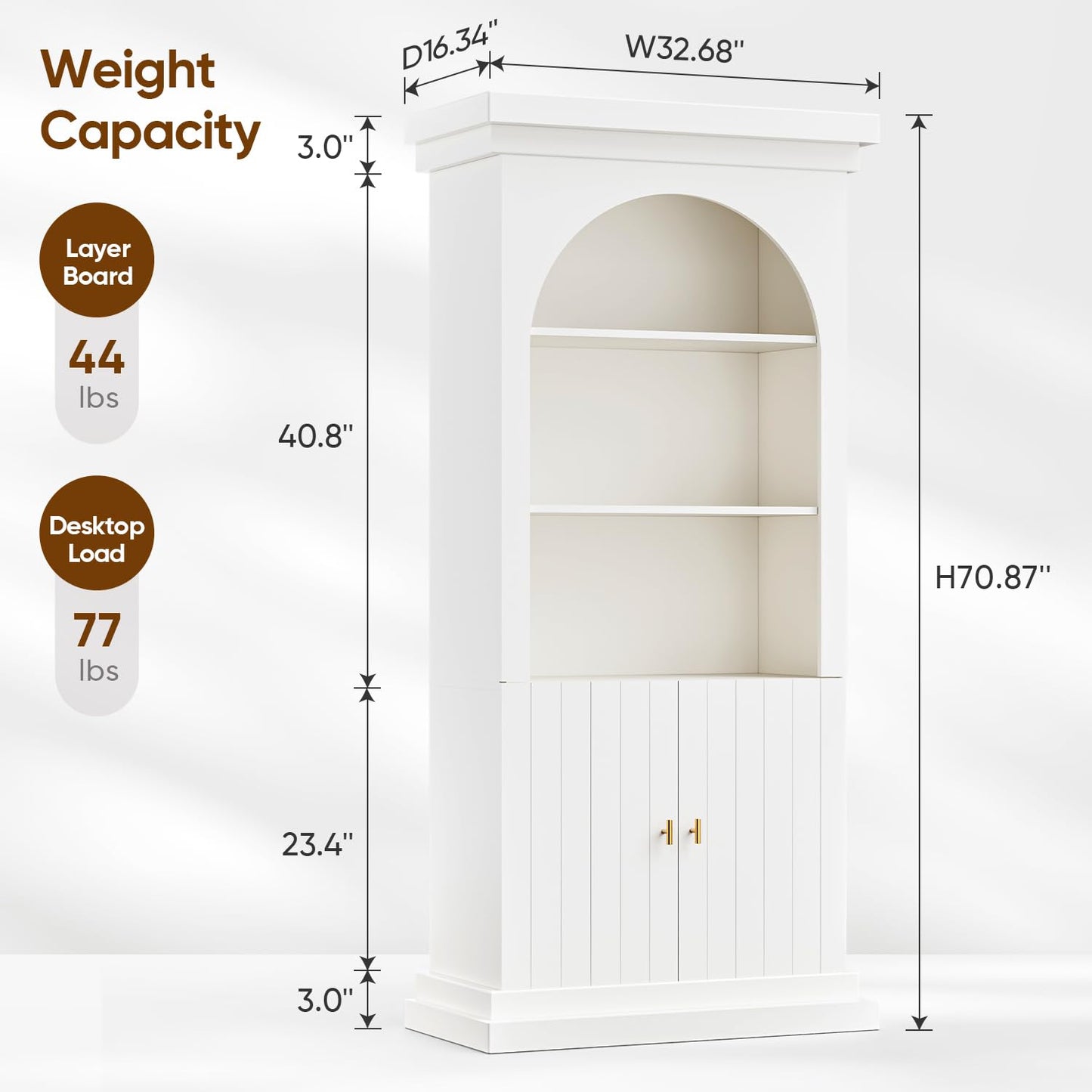 Myricore 71" Arched Kitchen Pantry Cabinet, Tall Half Open Storage Cabinet with Drawers, Modern Display Hutch for Dining Room, Living Room, White with Gold Handles, 3 of Set