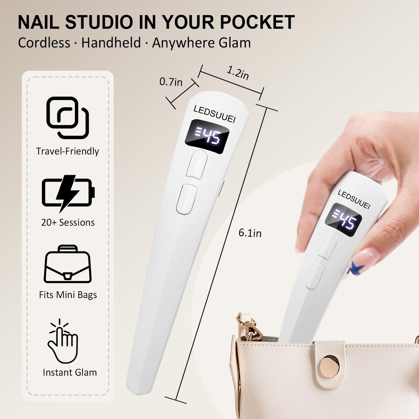 2-in-1 Dual-Zone UV Nail Lamp for Gel Polish, LEDSUUEI Handheld UV Light for Gel Nails, 400mAH Rechargeable Portable LED Display Nail Lamp Fast Flash Cure Nail Dryer for DIY Manicure Home Salon Travel