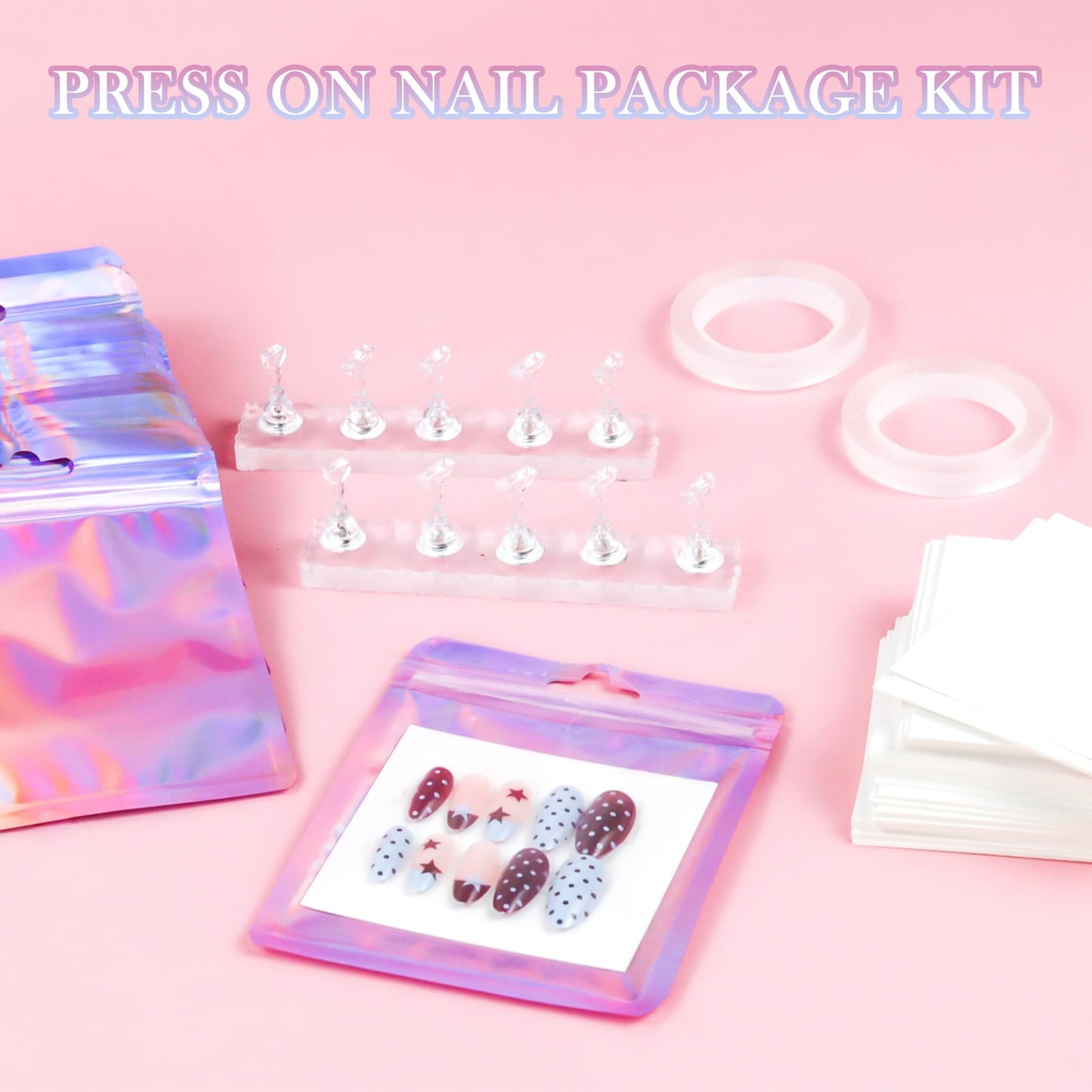 ESUOHYM 50 PCS Nails Packaging Bags with Nail Stand for Fake Nail, Holographic Press On Nail Storage Container Nail Art Kit for Diy Design, Nail Cardboards with 2 Double-sided Tape Salon Home Pink