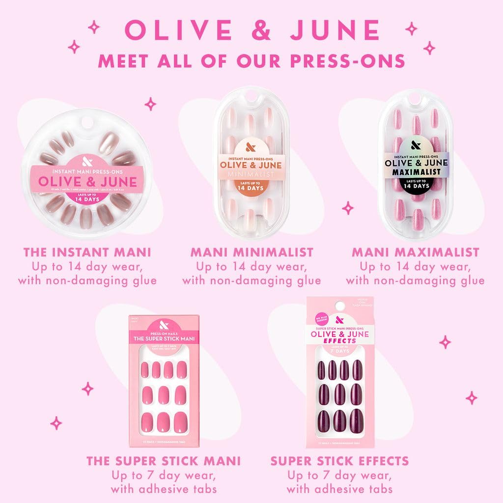 Olive & June Minimalist Instant Mani Press On Nails (Glue) | 42 Fake Nails, 21 Sizes | Non-Toxic, Long-Lasting Barely-There Look | Salon-Quality at Home | Short, Round | Rose Syrup Gradient