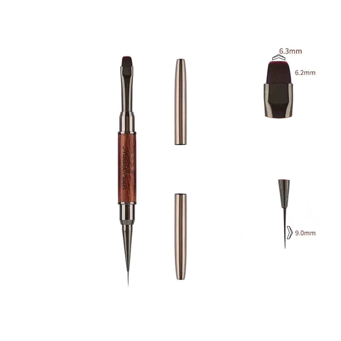 Calyuna Dual Head Acrylic Nail Brush, French Pen and 9mm Liner Pen, Wood Handle with Metal Caps, for Builder Gel, Polygel and Nail Design
