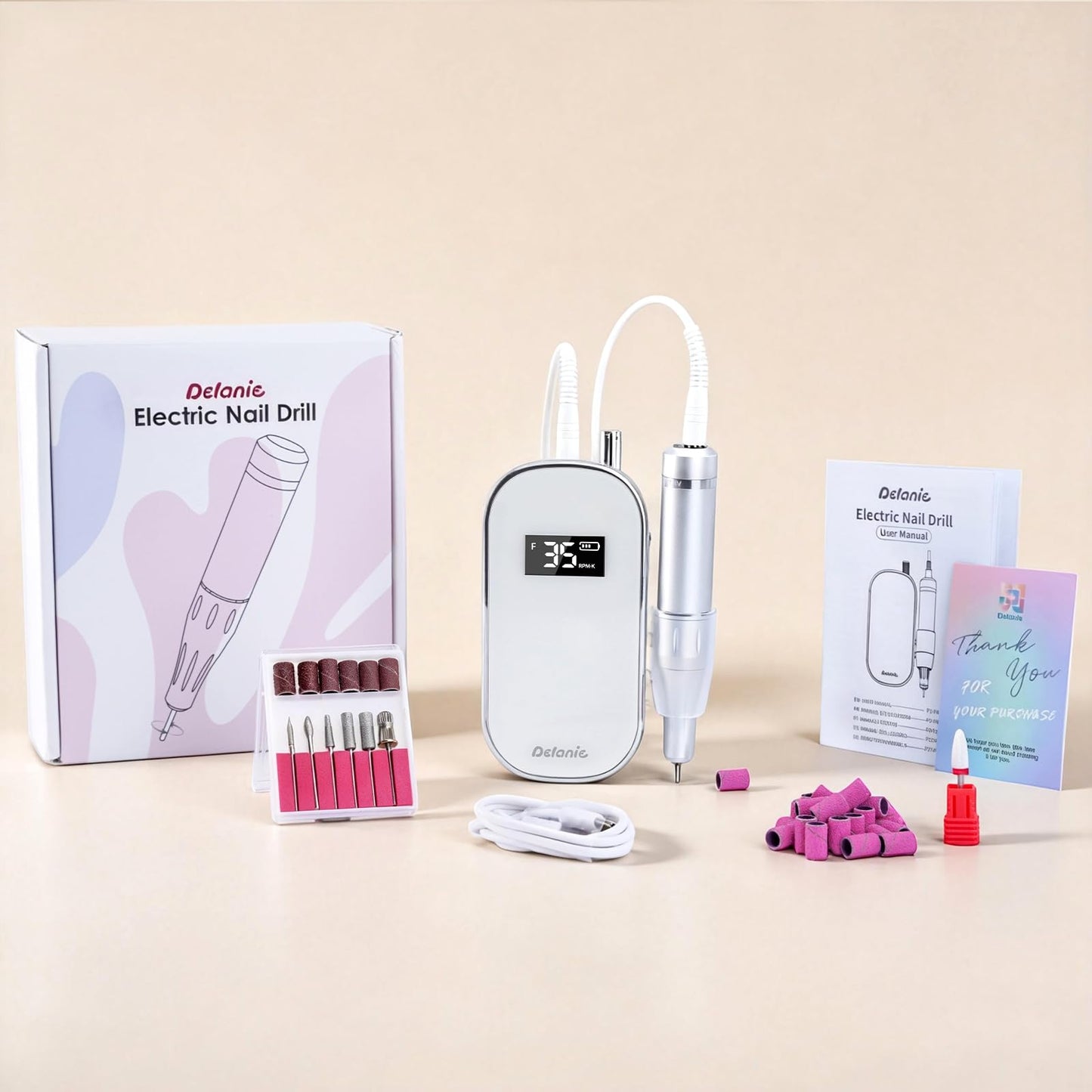 Delanie Electric Nail Drill 35000 RPM, Portable E File for Nails Professional with Belt Clip, Rechargeable Electric Nail File for Acrylic and Gel Nails, Efile Nail Machine with bits kit for Manicure