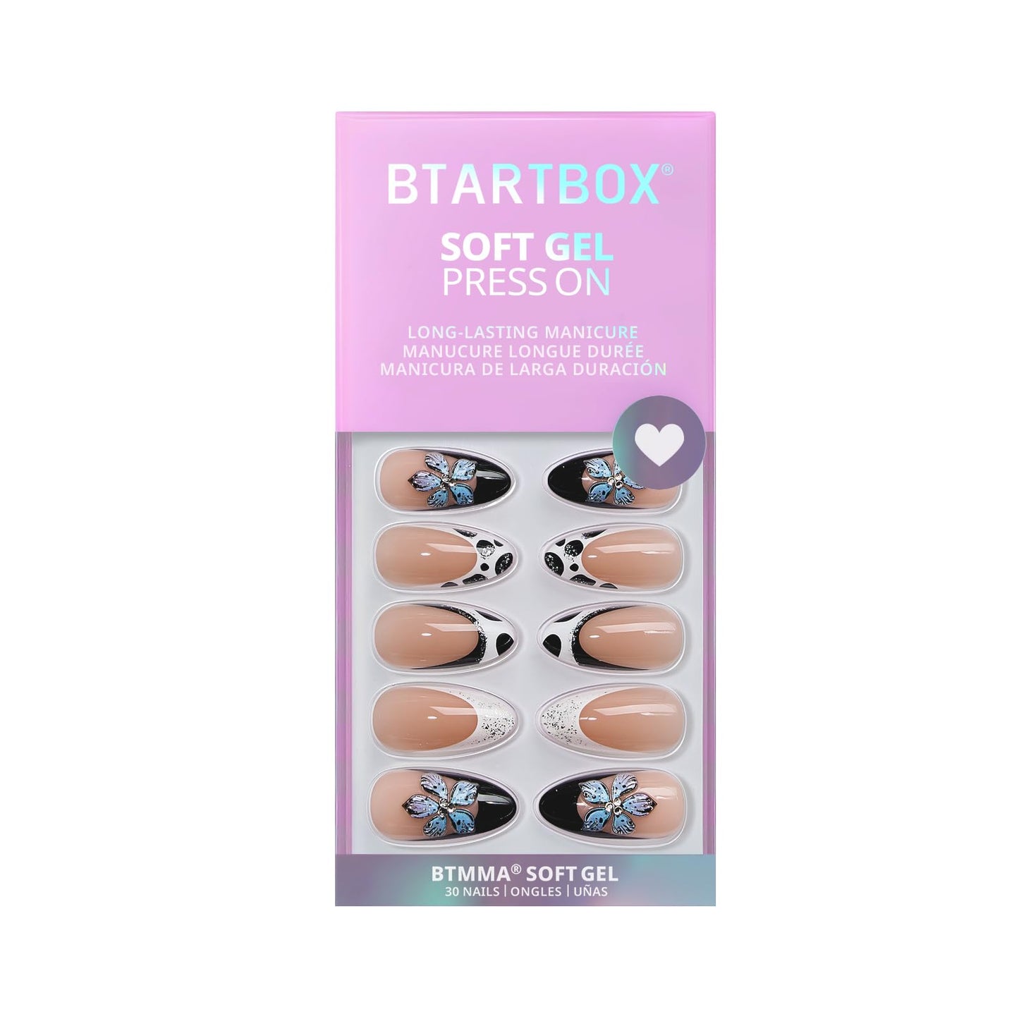 BTArtbox Press On Nails Medium - 3D Flower Almond French Tip Press On Nails with Glue for Women, Opaque Soft Gel Glue On Nails in 15 Sizes - 30 Stick On Nails Kit, Bessie & Bestie