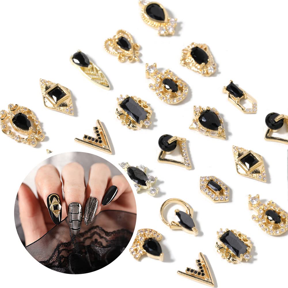HNUIX Nail Charms and Gems - Gold Copper Zircon, Multiple Shapes, Metal BlackJewelry Rhinestones Charms, 18 Pieces