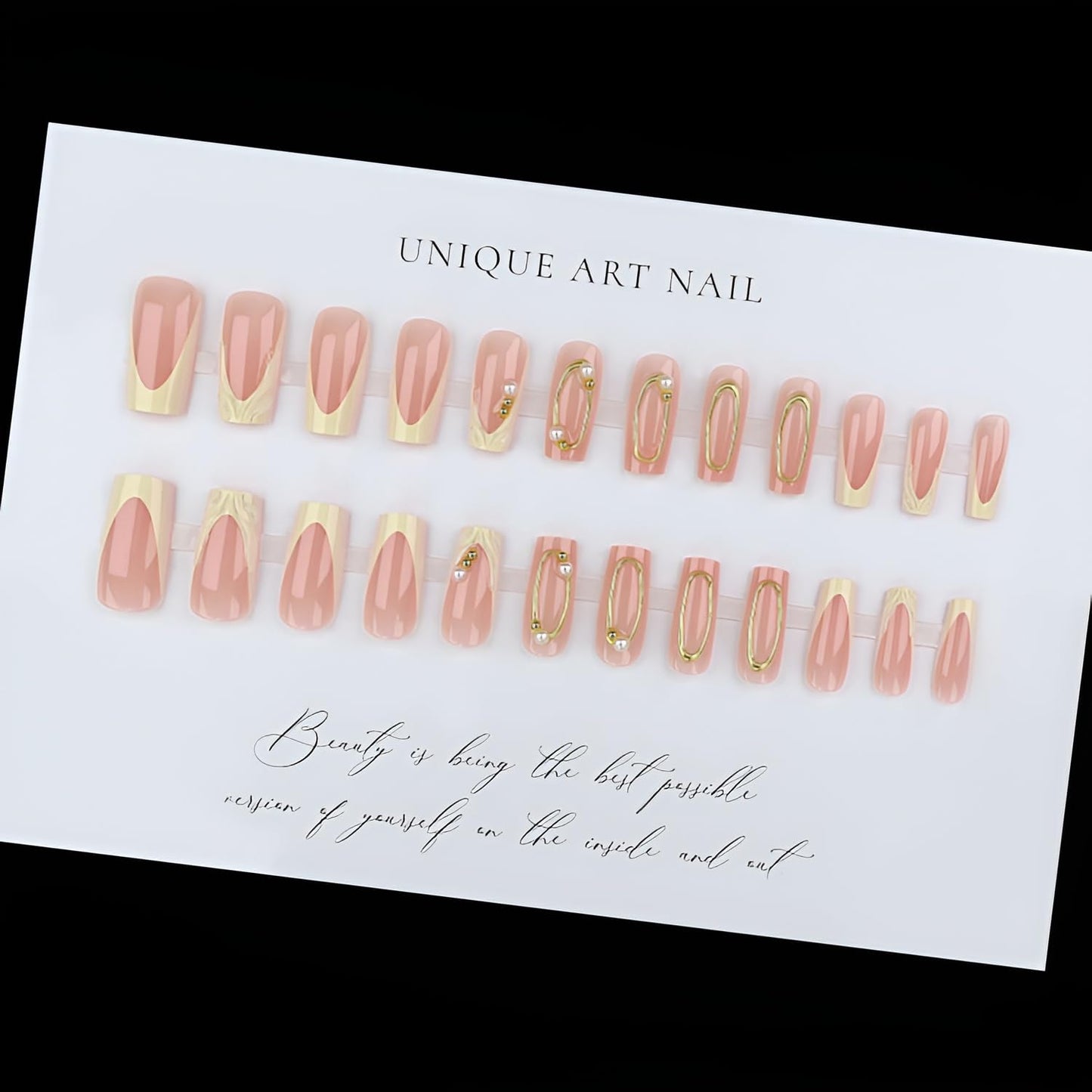 French Tip Press on Nails Medium Almond Fake Nails Gold Lines False Nails with Pearl Design Glossy Nails Press Ons White French Tip Stick on Nail Acrylic Glue on Nail for Women Set 24Pcs