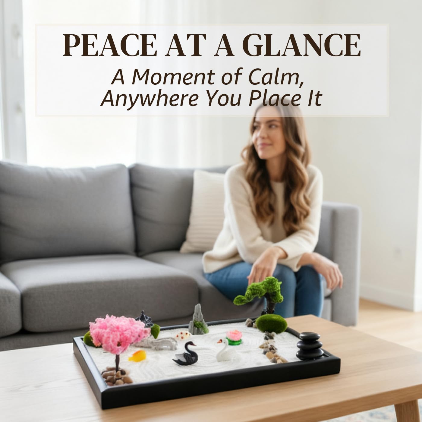 FotuKare Zen Garden for Desk, Japanese Garden Home Office Desktop Decor for Meditation Sand Tray Therapy Kit,11.8'' X 7.9'' Large Size,Bamboo Rake Tools, Valentine's Day Gift