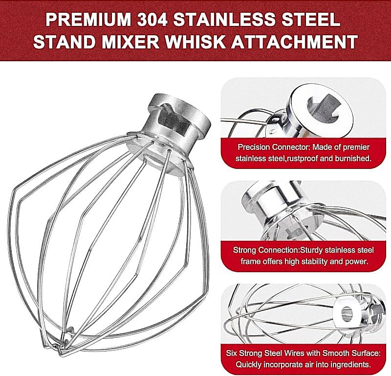 K45WW Stainless Steel 6 Wire Whip Attachment for KitchenAid 4.5-5 Quart Tilt-Head Stand Mixer Whisk Attachment for Whipping Egg Whites, Cream and Cake Batter, Fast Whisk Attachment fits