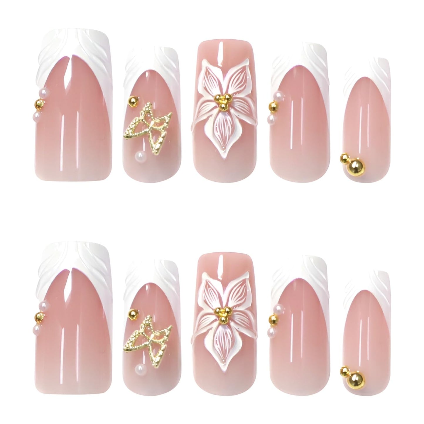 French Tip Fake Nails Medium Square Press on Nails Flower Glue on Nail Butterfly Glue on Nail with Rhinestones Design Glossy False Nails White Stick on Nail for Women Decorations Set 24Pcs
