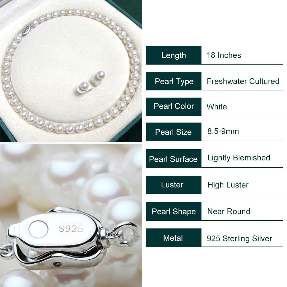 ZoVanHee Freshwater Cultured Pearl Necklace Set Includes Stud Earrings Genuine Pearl Jewelry Gift for Women for Mother's Day, Valentine's Day, Anniversary, Birthday, Wedding