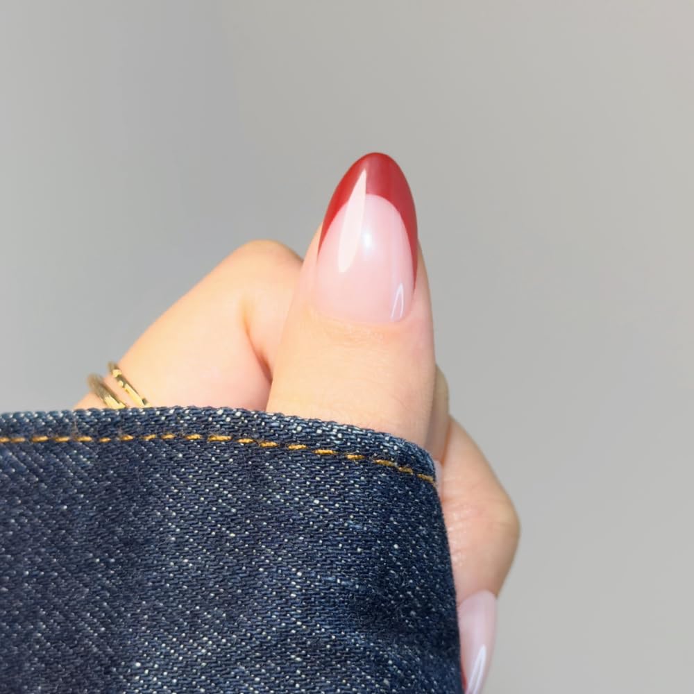 Ellie Vincy Press On Nails - Scarlet Edge French Nails, Short Almond Shape, Reusable Nails in 15 Sizes - 30 Nail Kit with Glue and Sticky Tabs