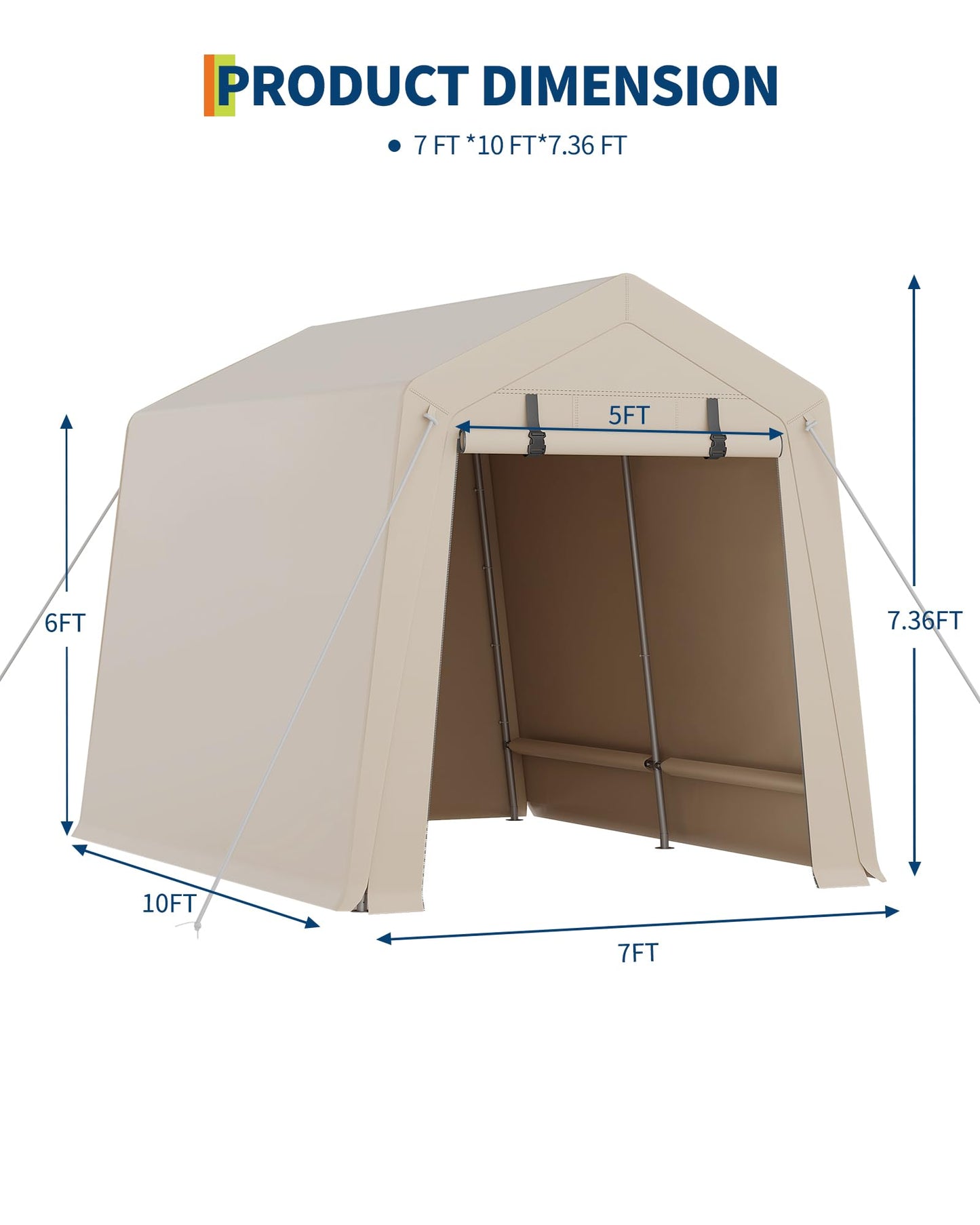 Heavy-Duty 7x10 ft Outdoor Storage Shed, All-Weather Portable Garage with 2 Roll-Up Zipper Doors, Waterproof & UV-Resistant Carport for Motorcycle, ATV, and Garden Tools