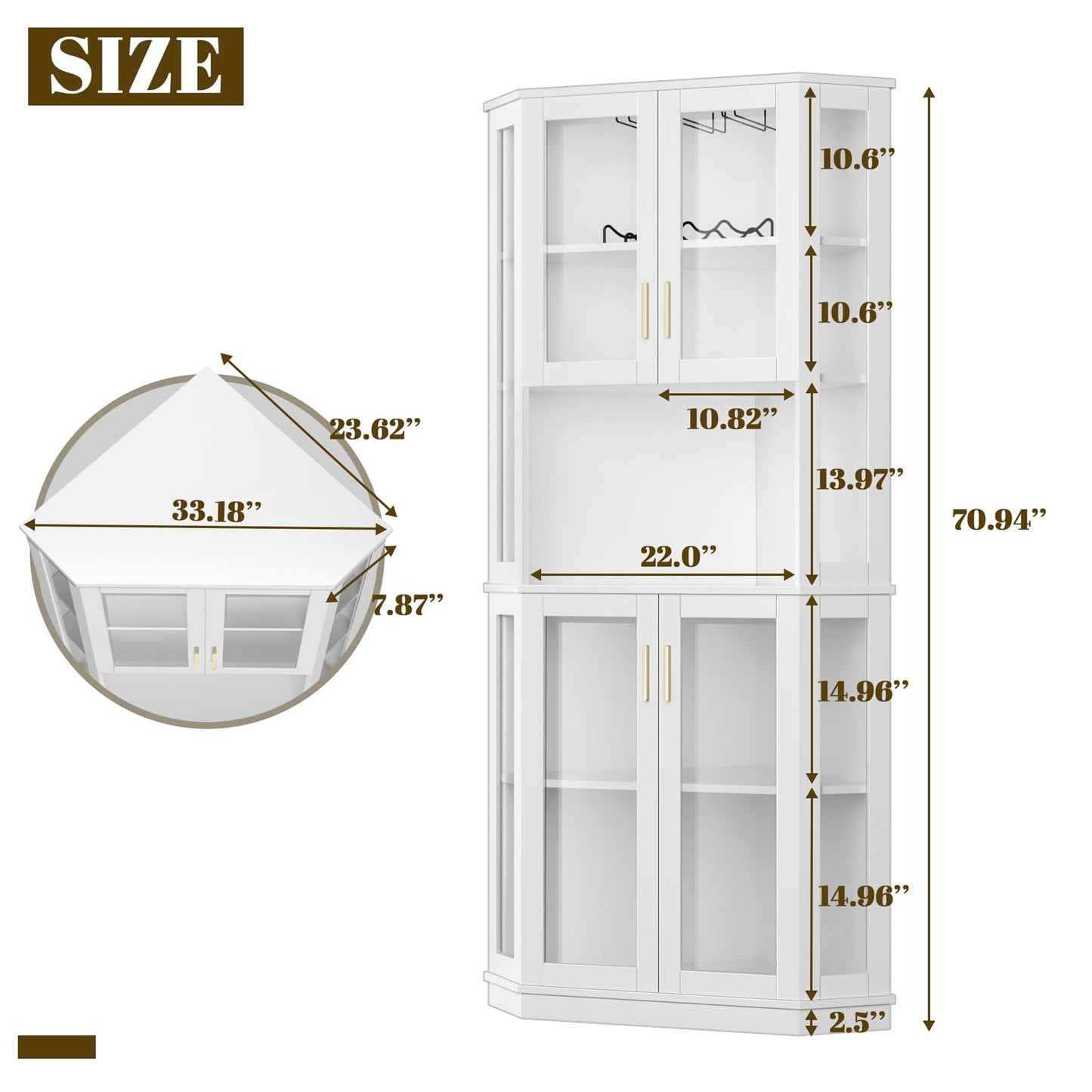 Loomie 71'' Corner Wine Bar Cabinet with LED Lights,5-Tier Tall Home Liquor Coffee Bar Cabinet W with Tempered Glass Door & Glasses Rack, Alcohol Cabinet Storage Hutch for Kitchen,Living Room (White)