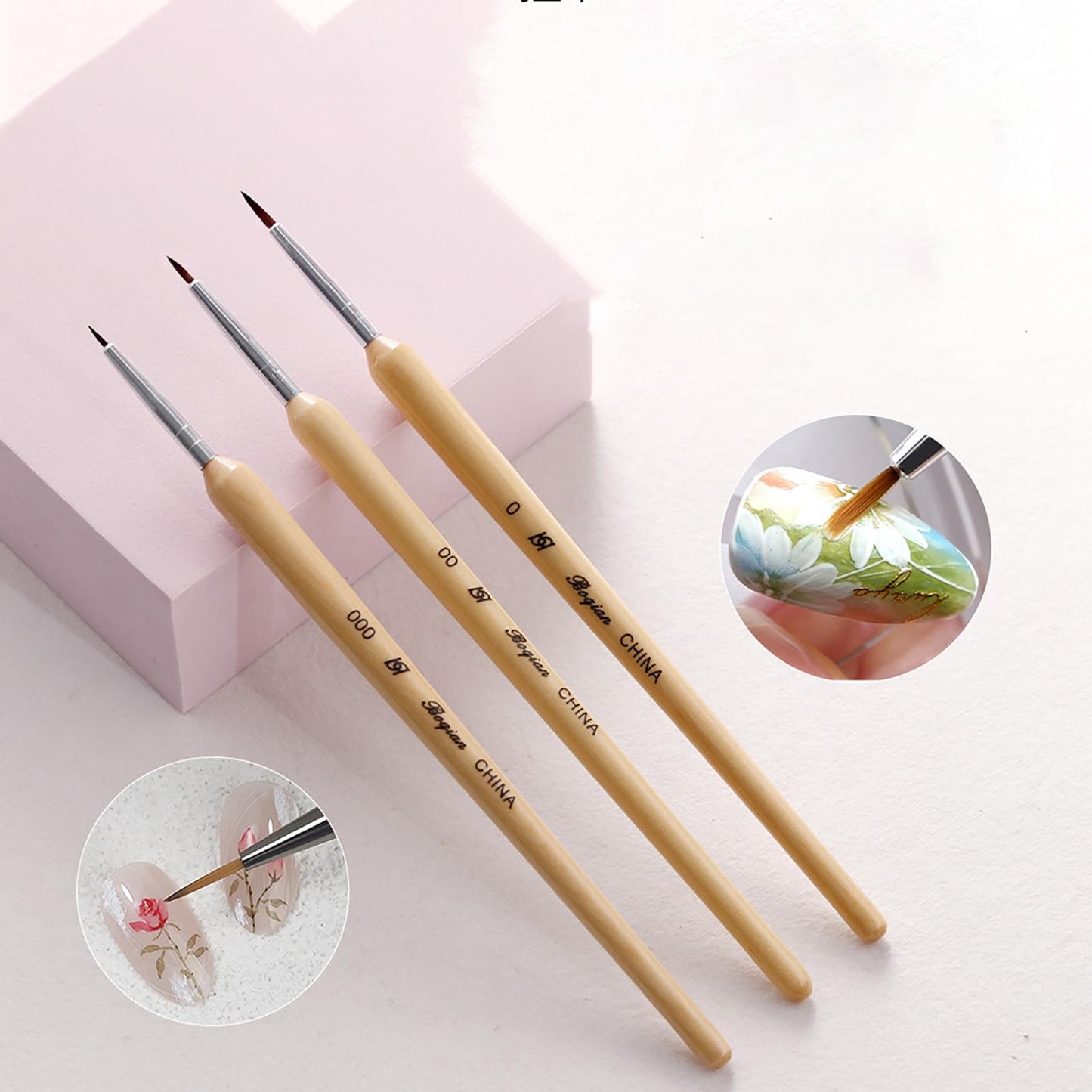 HNRongkya Nail Art Liner Brush Set, Nail Art Brush for Drawing Petals and Butterflies,Fine Detail Nail Brushes, Wooden Handle, 3 Piece