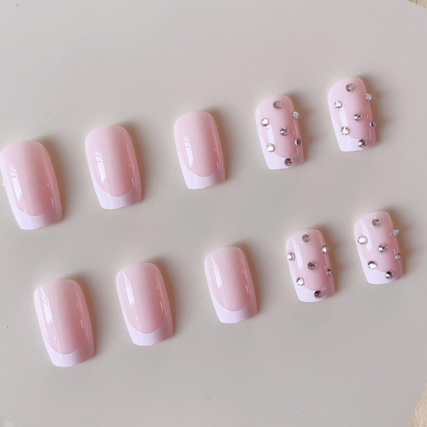 24pcs Press on Nails Short Square Glossy Pink French False Nails with Rhinestone Design Full Cover Fake Nails Stick on Nails White French Nail Tips False Nails Gel Glue on Nail for Women Girls