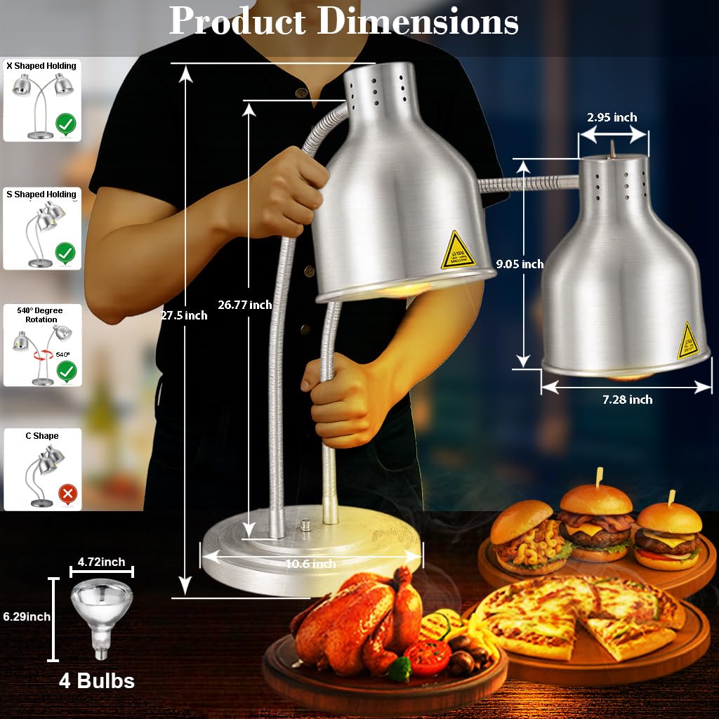 Food Heat Lamp,550W Commercial Food Warmer Lamp,Adjustable Food Warming Light with 4 Bulbs,2 Head Catering Heating Lamp for Kitchen Cafeteria Restaurant Buffet Parties (Silver)